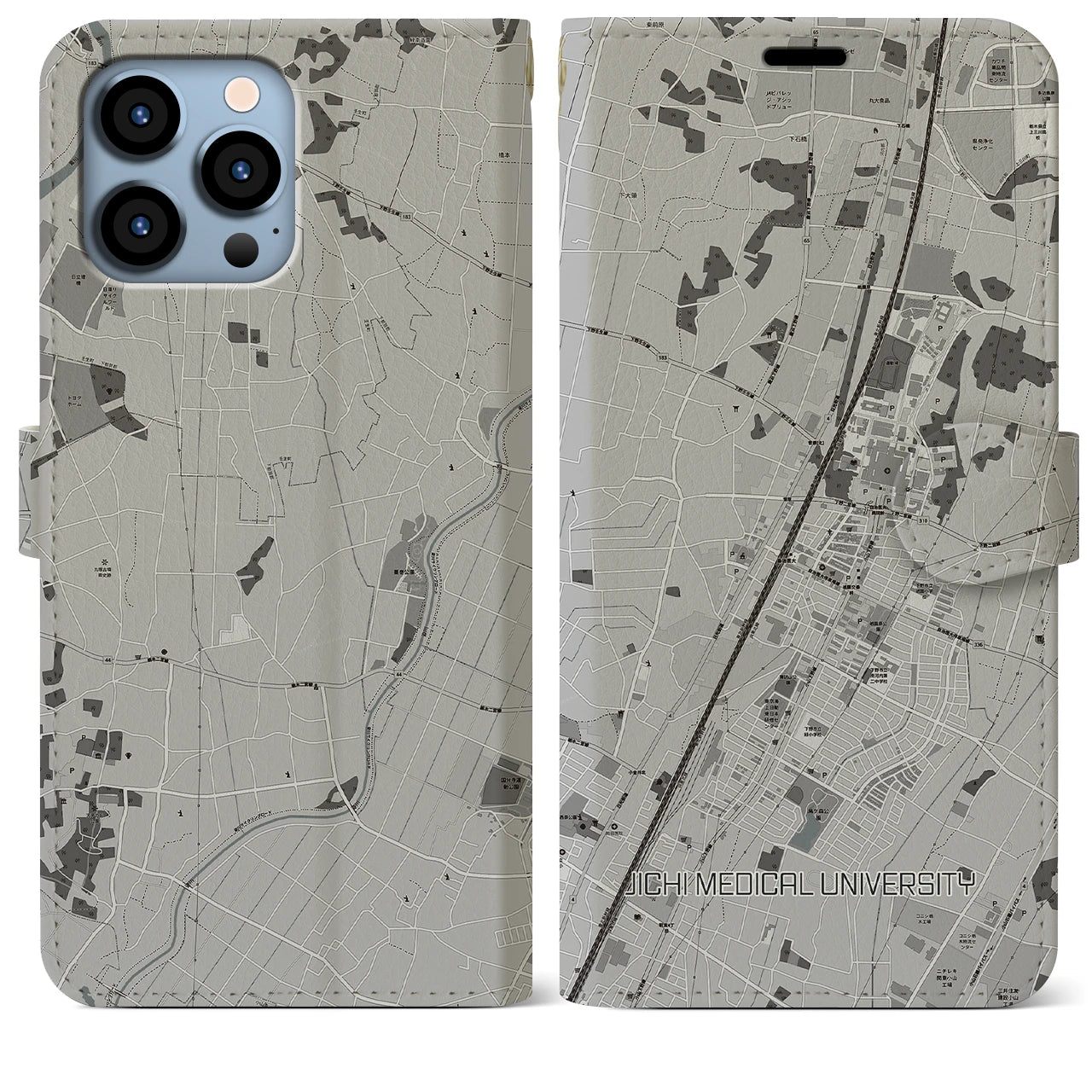 【自治医大(栃木県)】地図柄iPhoneケース(手帳タイプ)モノトーン・iPhone 13 Pro Max 用