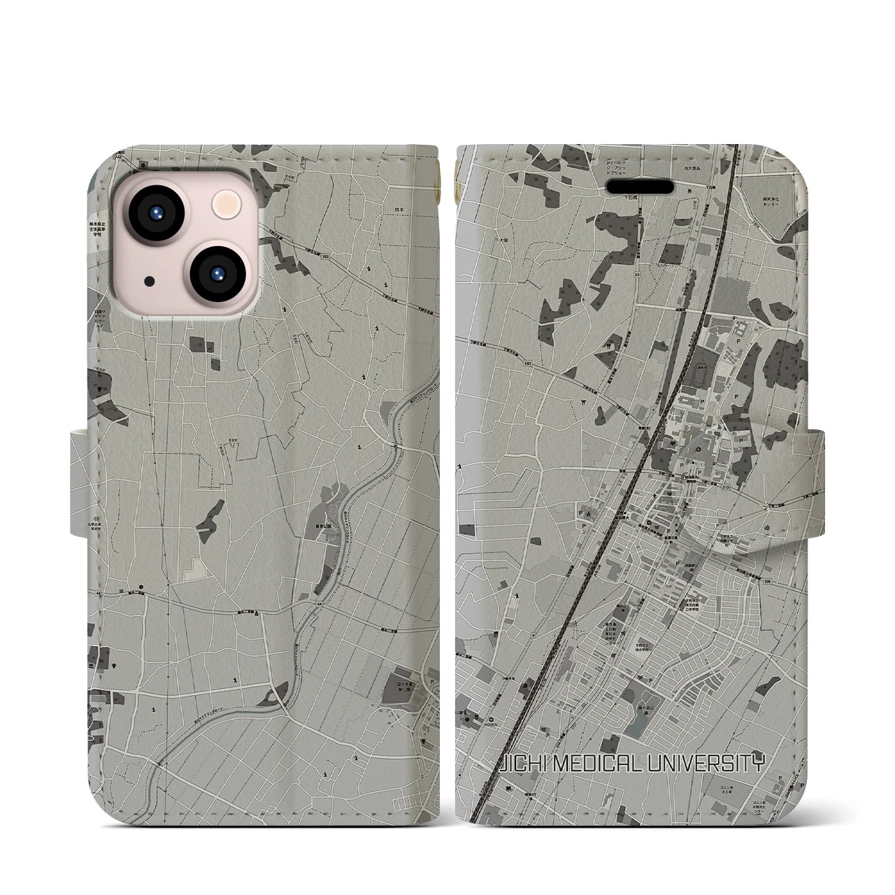 【自治医大(栃木県)】地図柄iPhoneケース(手帳タイプ)モノトーン・iPhone 13 mini 用
