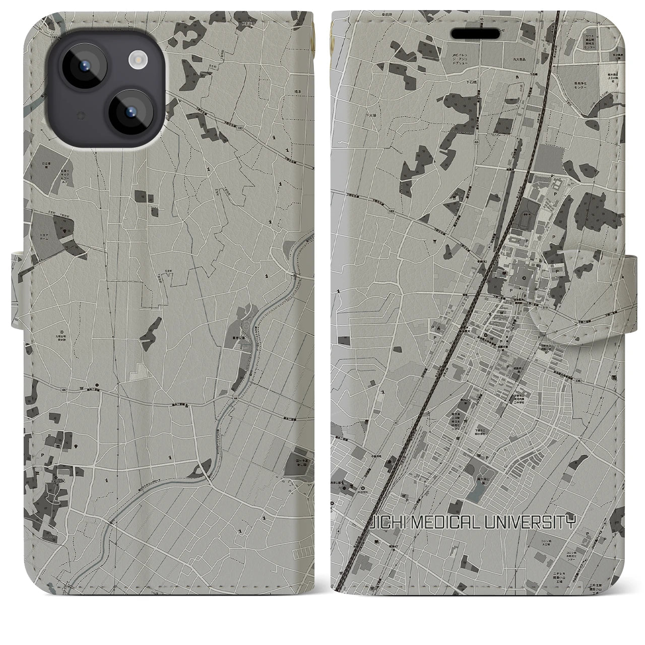 【自治医大(栃木県)】地図柄iPhoneケース(手帳タイプ)モノトーン・iPhone 14 Plus 用