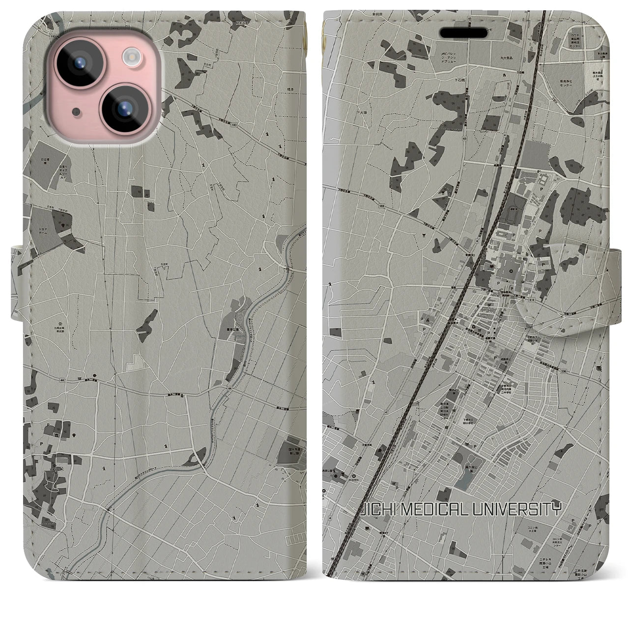 【自治医大(栃木県)】地図柄iPhoneケース(手帳タイプ)モノトーン・iPhone 15 Plus 用