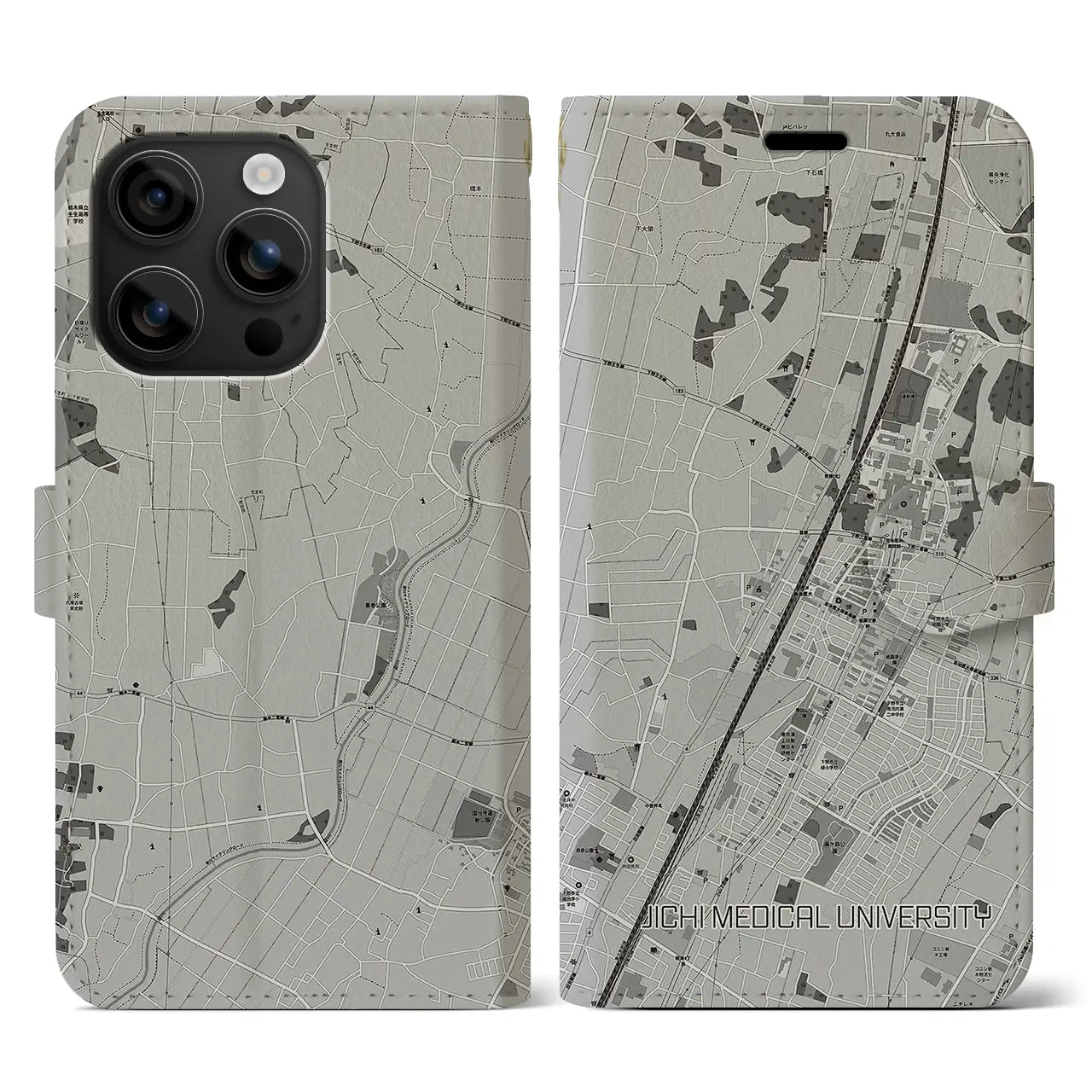【自治医大(栃木県)】地図柄iPhoneケース(手帳タイプ)モノトーン・iPhone 16 用