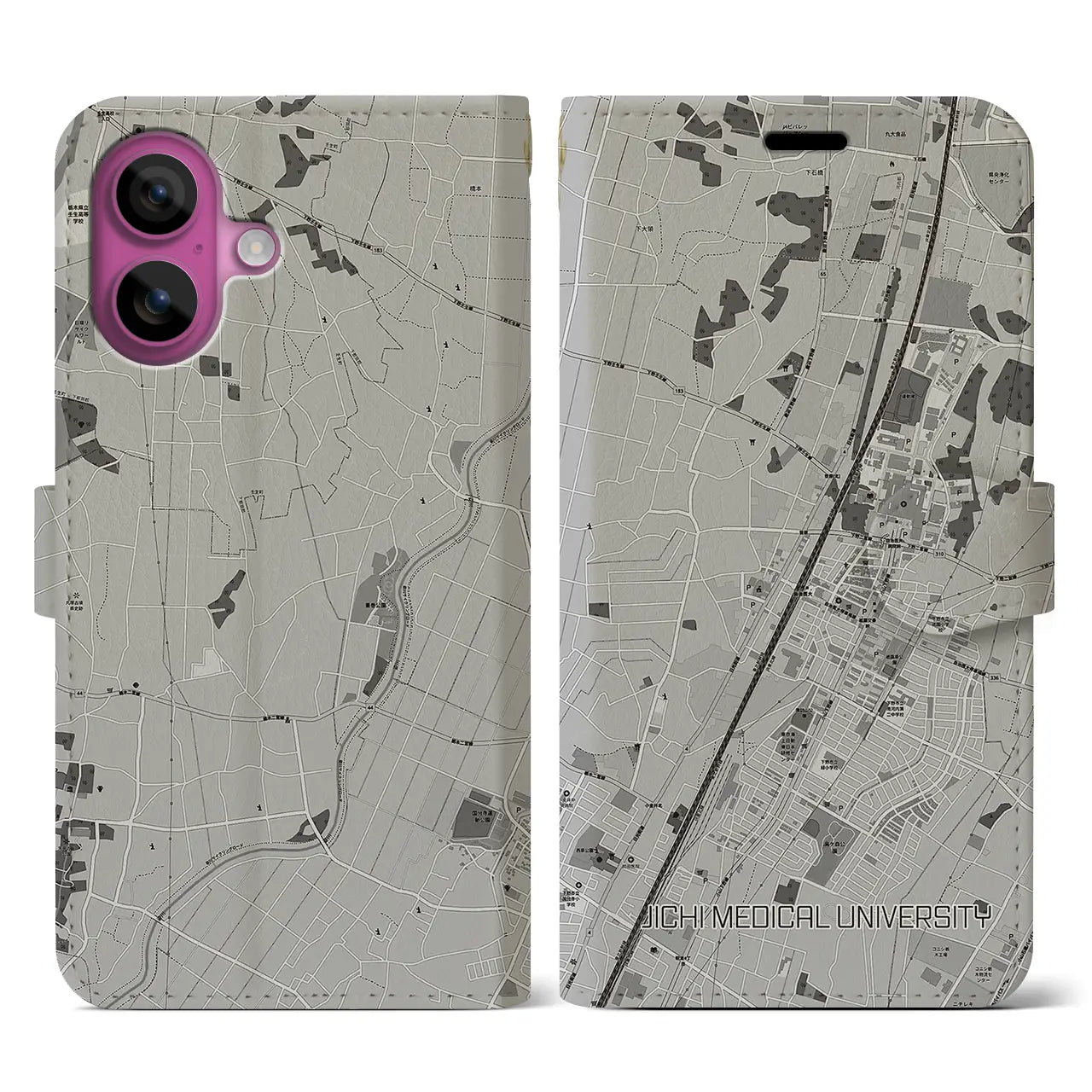 【自治医大(栃木県)】地図柄iPhoneケース(手帳タイプ)モノトーン・iPhone 16 Pro 用