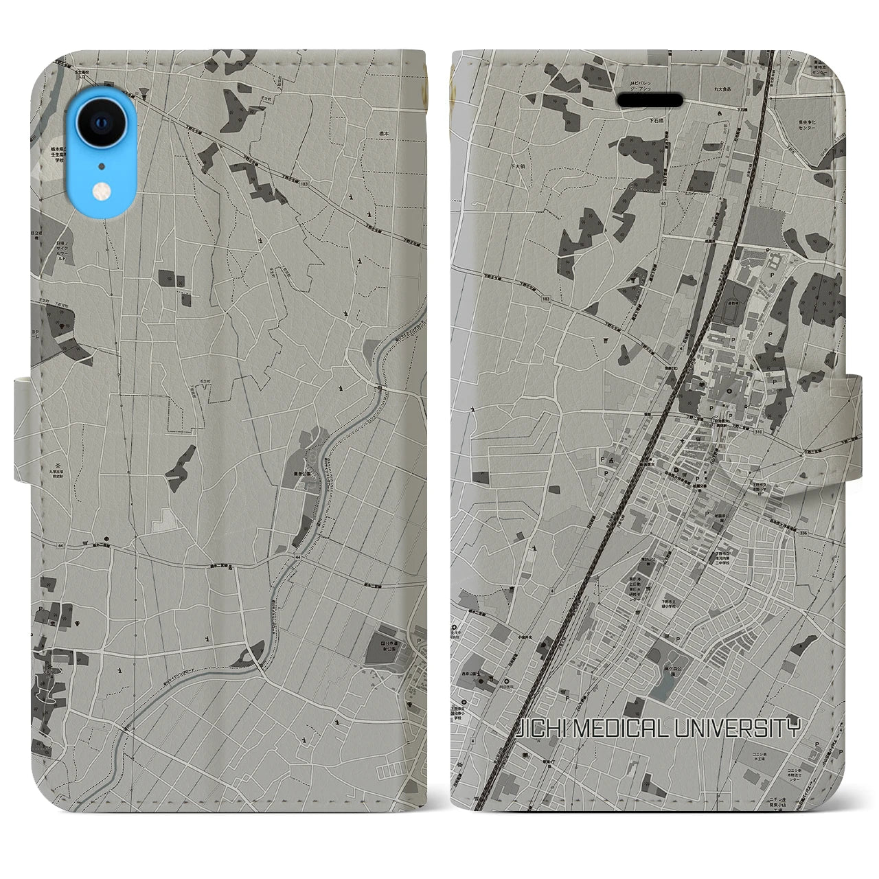 【自治医大(栃木県)】地図柄iPhoneケース(手帳タイプ)モノトーン・iPhone XR 用