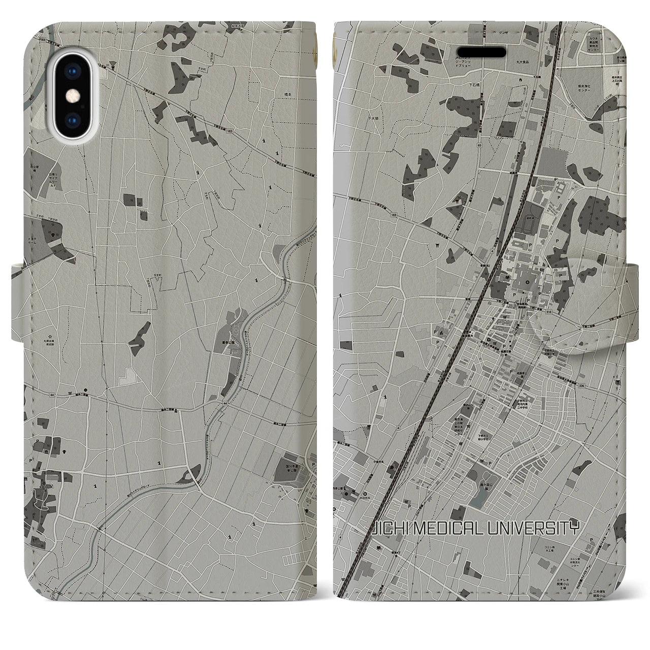 【自治医大(栃木県)】地図柄iPhoneケース(手帳タイプ)モノトーン・iPhone XS Max 用