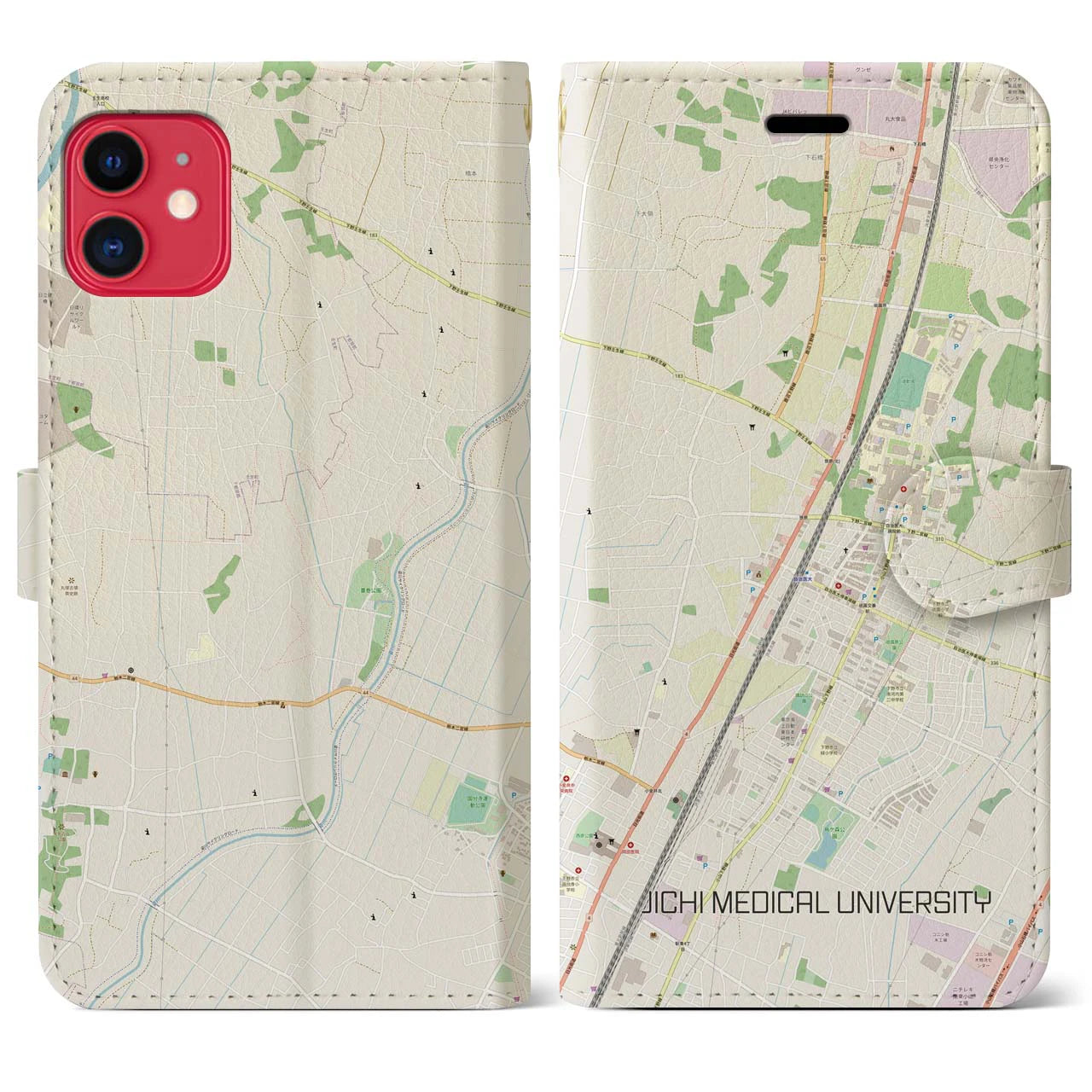 【自治医大(栃木県)】地図柄iPhoneケース(手帳タイプ)ナチュラル・iPhone 11 用
