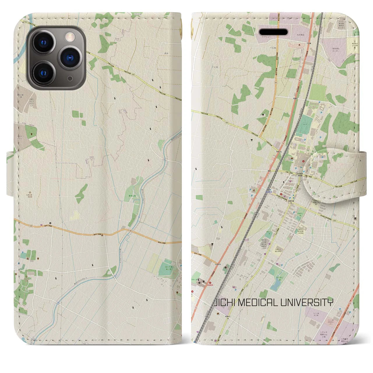 【自治医大(栃木県)】地図柄iPhoneケース(手帳タイプ)ナチュラル・iPhone 11 Pro Max 用