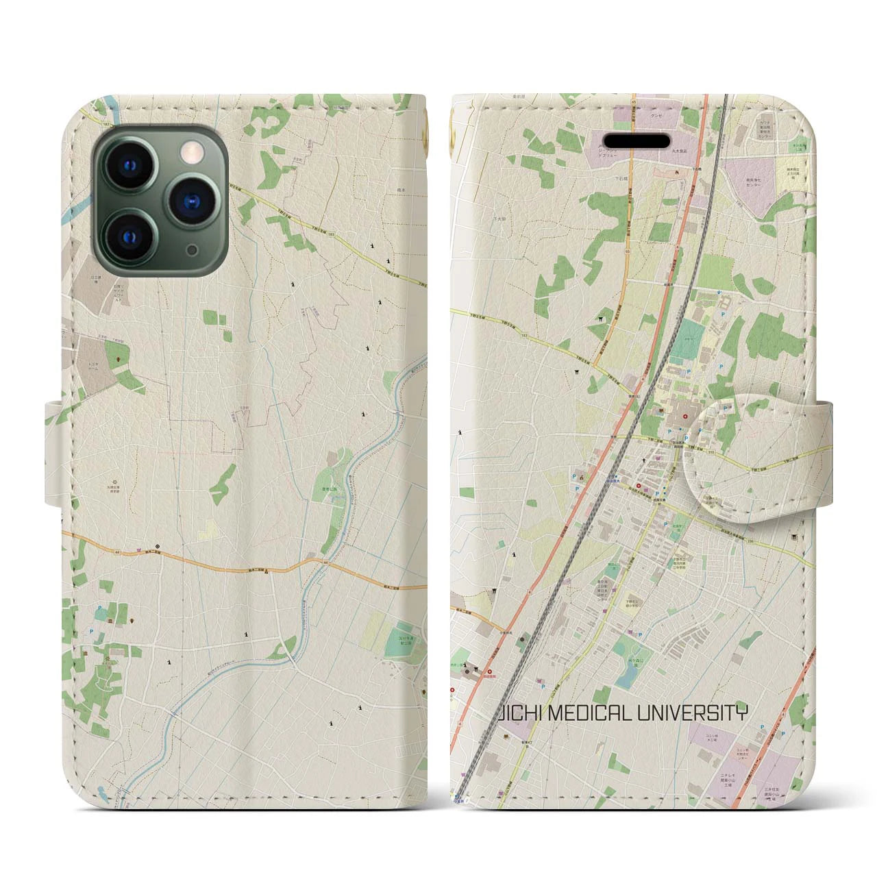 【自治医大(栃木県)】地図柄iPhoneケース(手帳タイプ)ナチュラル・iPhone 11 Pro 用