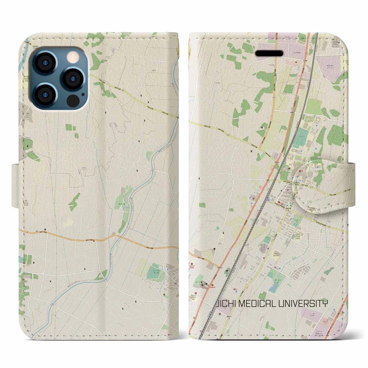 【自治医大(栃木県)】地図柄iPhoneケース(手帳タイプ)ナチュラル・iPhone 12 / 12 Pro 用