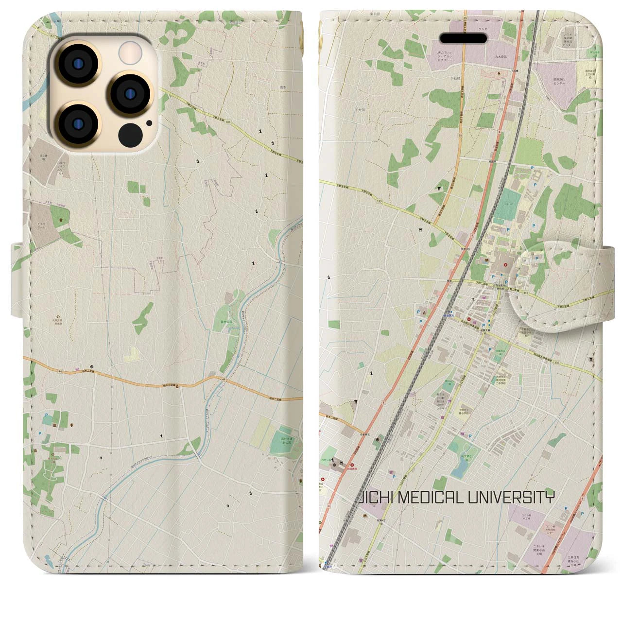 【自治医大(栃木県)】地図柄iPhoneケース(手帳タイプ)ナチュラル・iPhone 12 Pro Max 用
