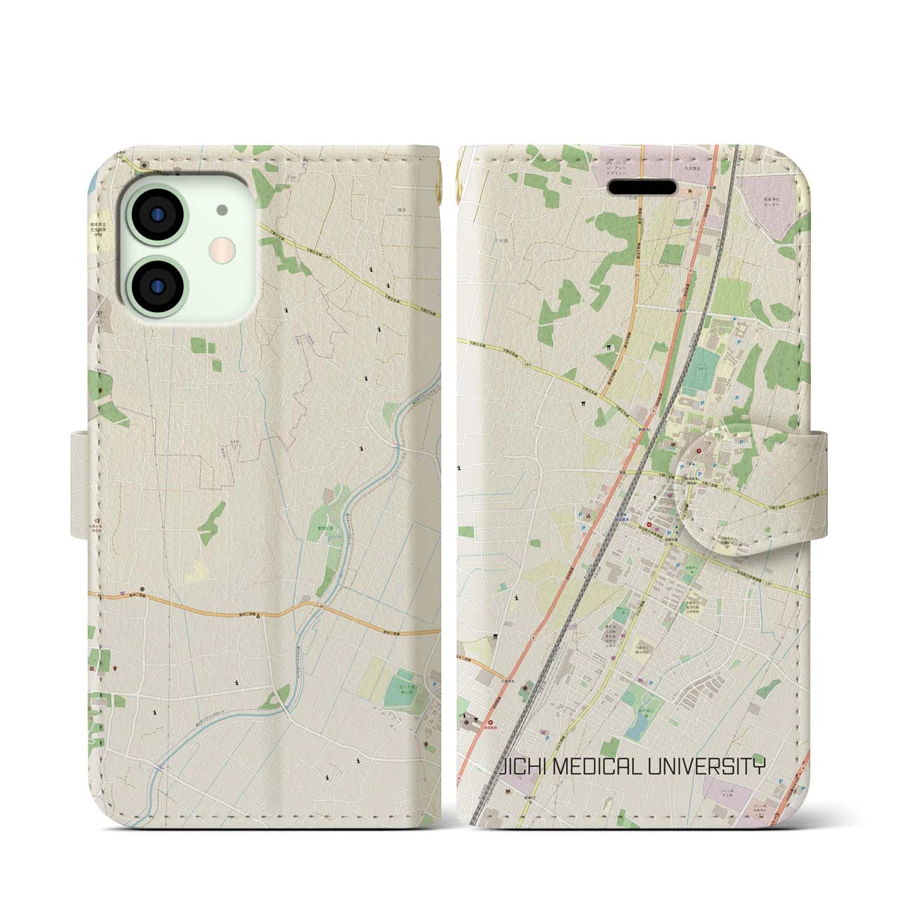 【自治医大(栃木県)】地図柄iPhoneケース(手帳タイプ)ナチュラル・iPhone 12 mini 用