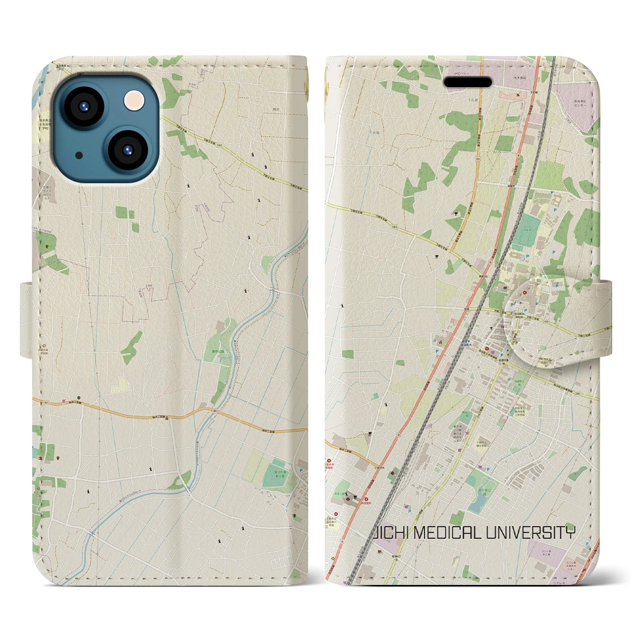【自治医大(栃木県)】地図柄iPhoneケース(手帳タイプ)ナチュラル・iPhone 13 用