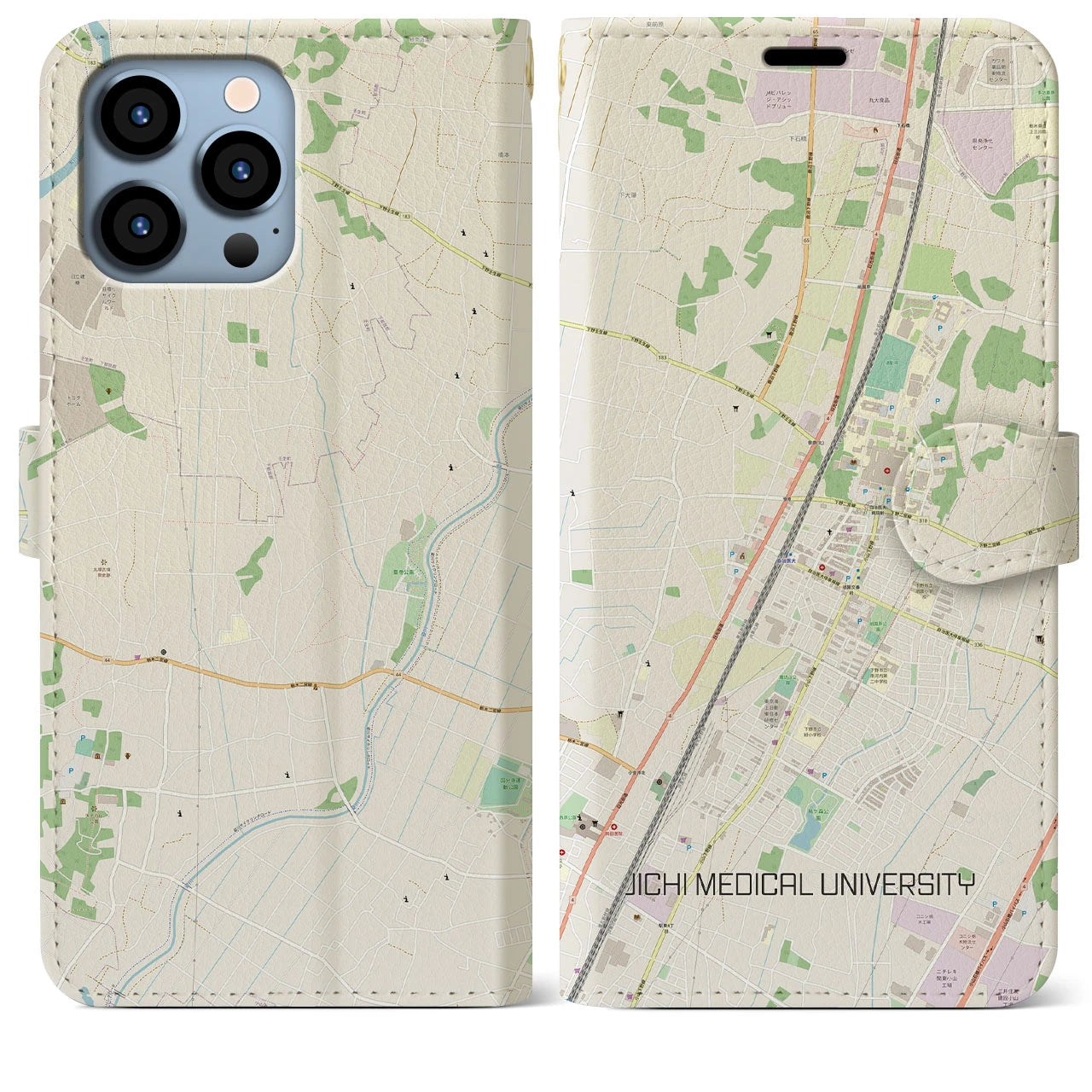 【自治医大(栃木県)】地図柄iPhoneケース(手帳タイプ)ナチュラル・iPhone 13 Pro Max 用