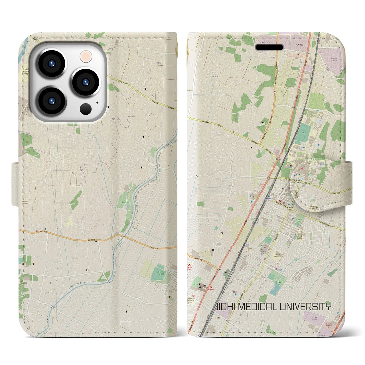【自治医大(栃木県)】地図柄iPhoneケース(手帳タイプ)ナチュラル・iPhone 13 Pro 用