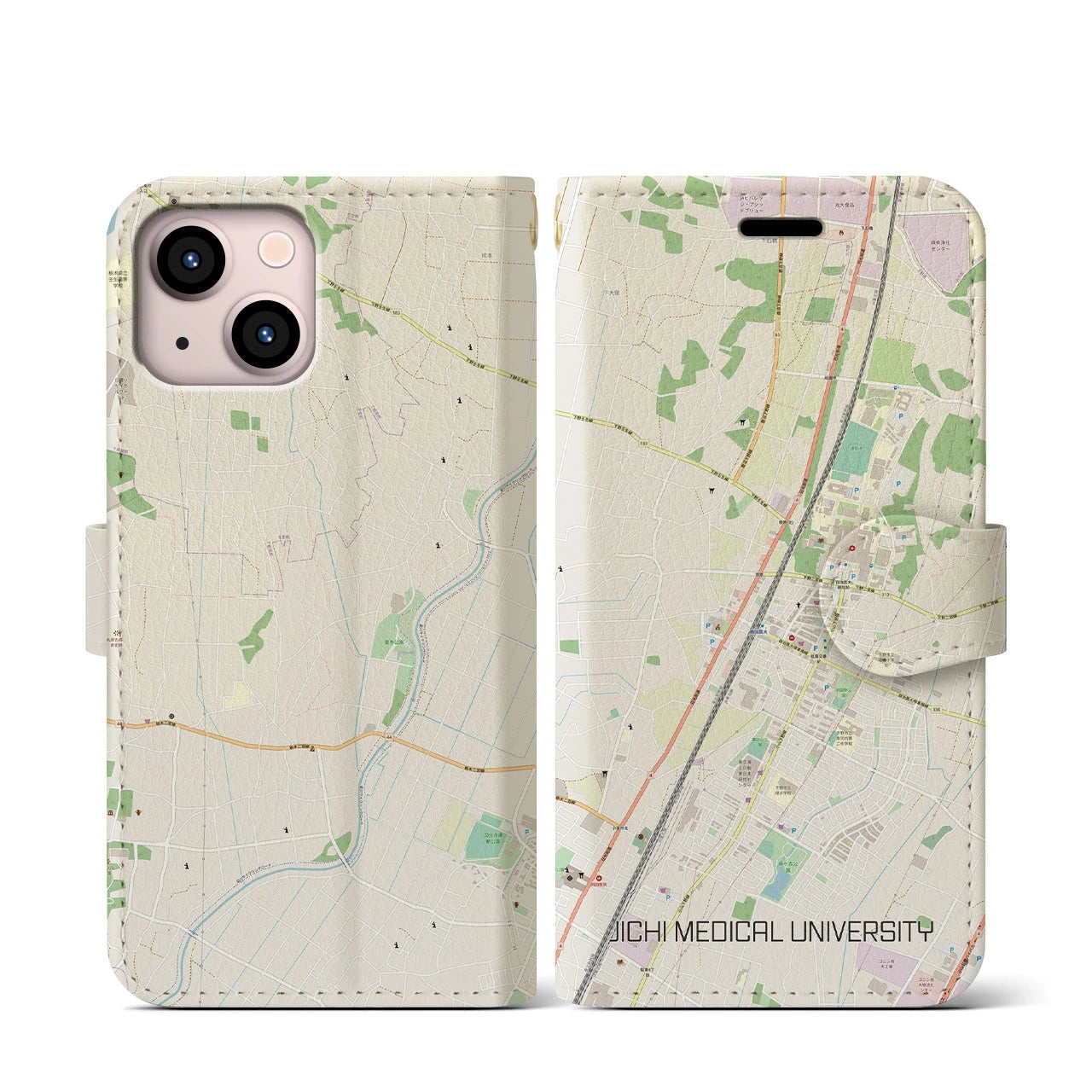 【自治医大(栃木県)】地図柄iPhoneケース(手帳タイプ)ナチュラル・iPhone 13 mini 用