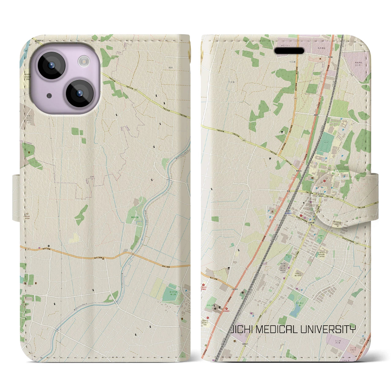 【自治医大(栃木県)】地図柄iPhoneケース(手帳タイプ)ナチュラル・iPhone 14 用