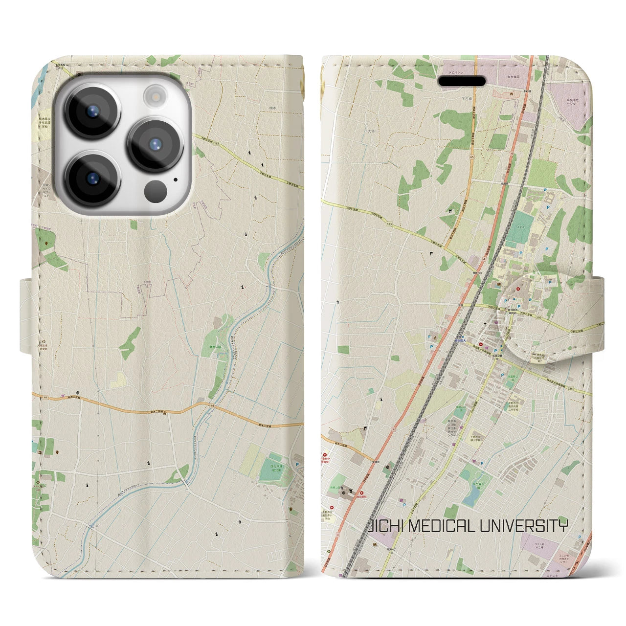 【自治医大(栃木県)】地図柄iPhoneケース(手帳タイプ)ナチュラル・iPhone 14 Pro 用