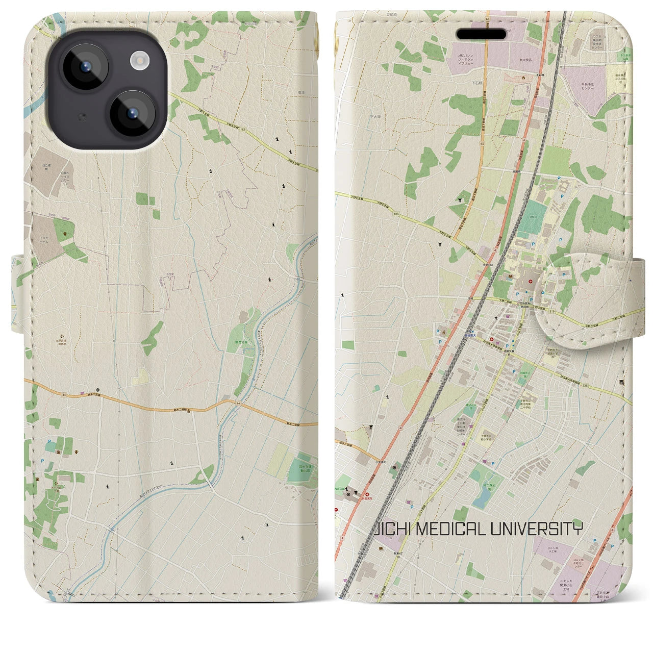 【自治医大(栃木県)】地図柄iPhoneケース(手帳タイプ)ナチュラル・iPhone 14 Plus 用