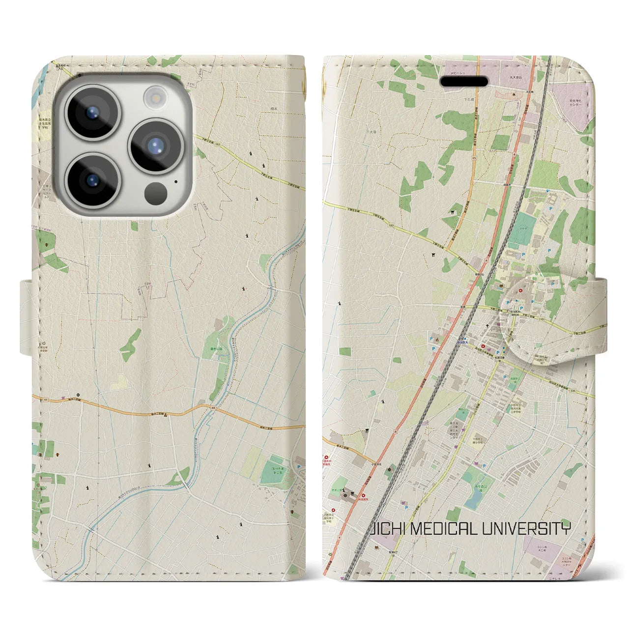 【自治医大(栃木県)】地図柄iPhoneケース(手帳タイプ)ナチュラル・iPhone 15 Pro 用