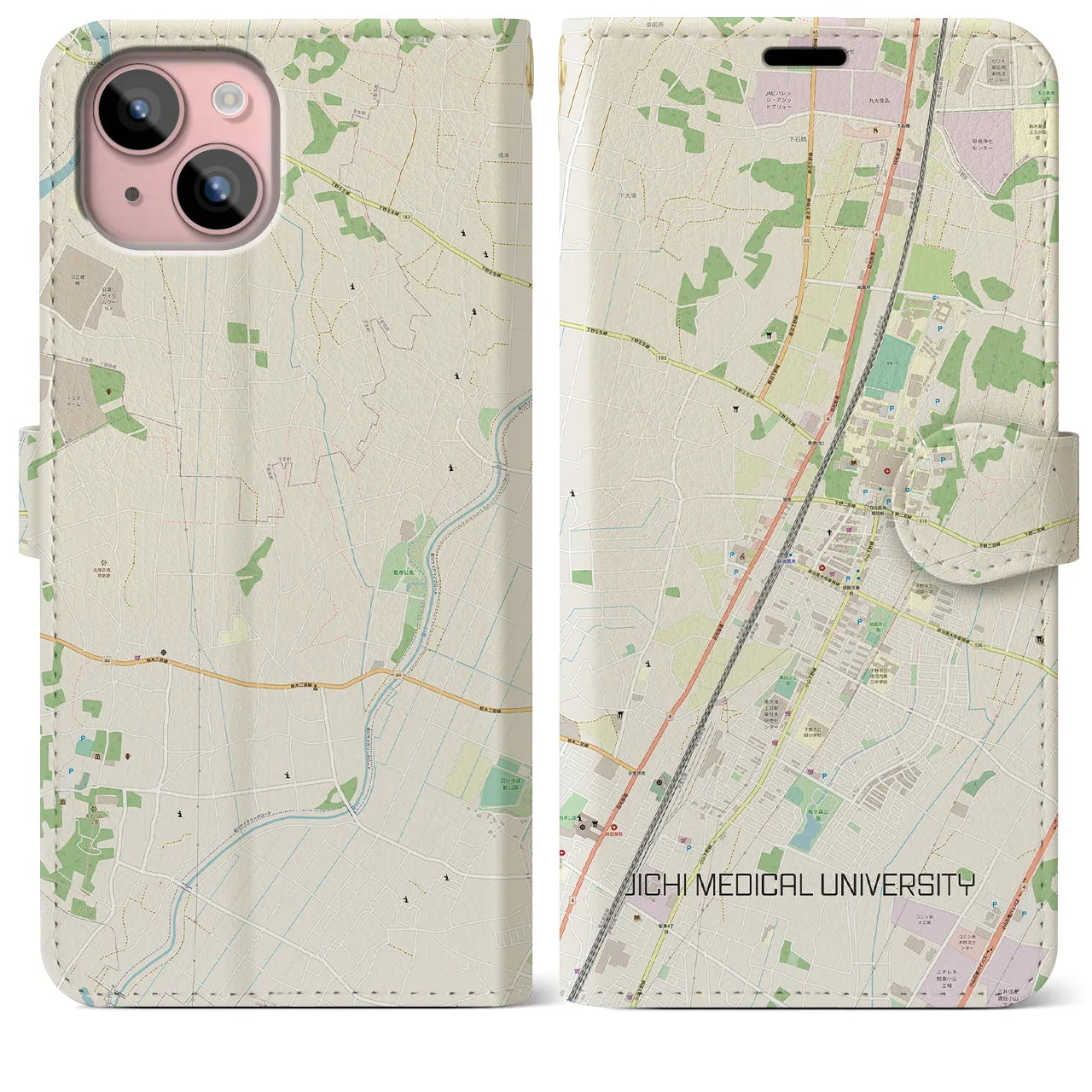【自治医大(栃木県)】地図柄iPhoneケース(手帳タイプ)ナチュラル・iPhone 15 Plus 用