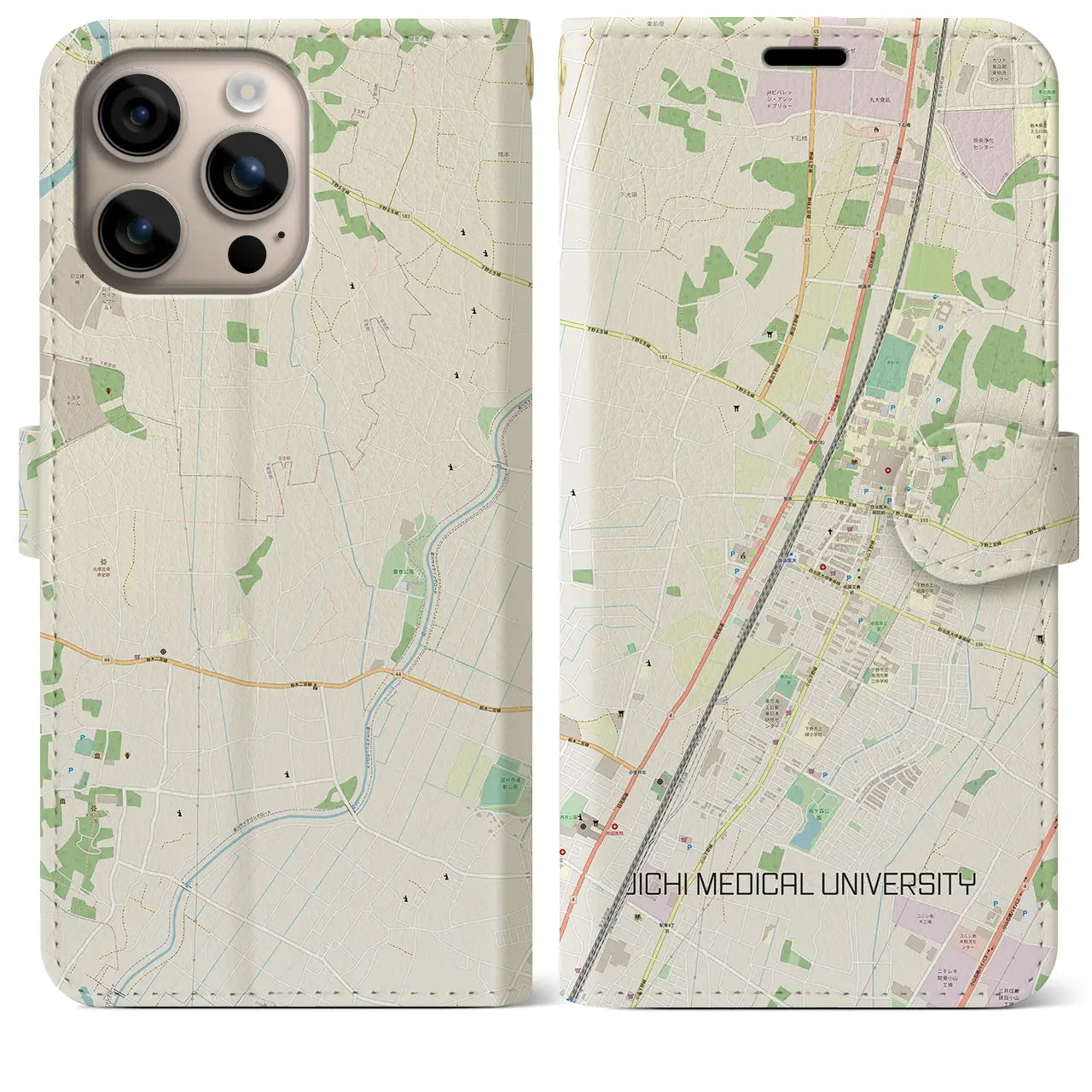 【自治医大(栃木県)】地図柄iPhoneケース(手帳タイプ)ナチュラル・iPhone 16 Plus 用