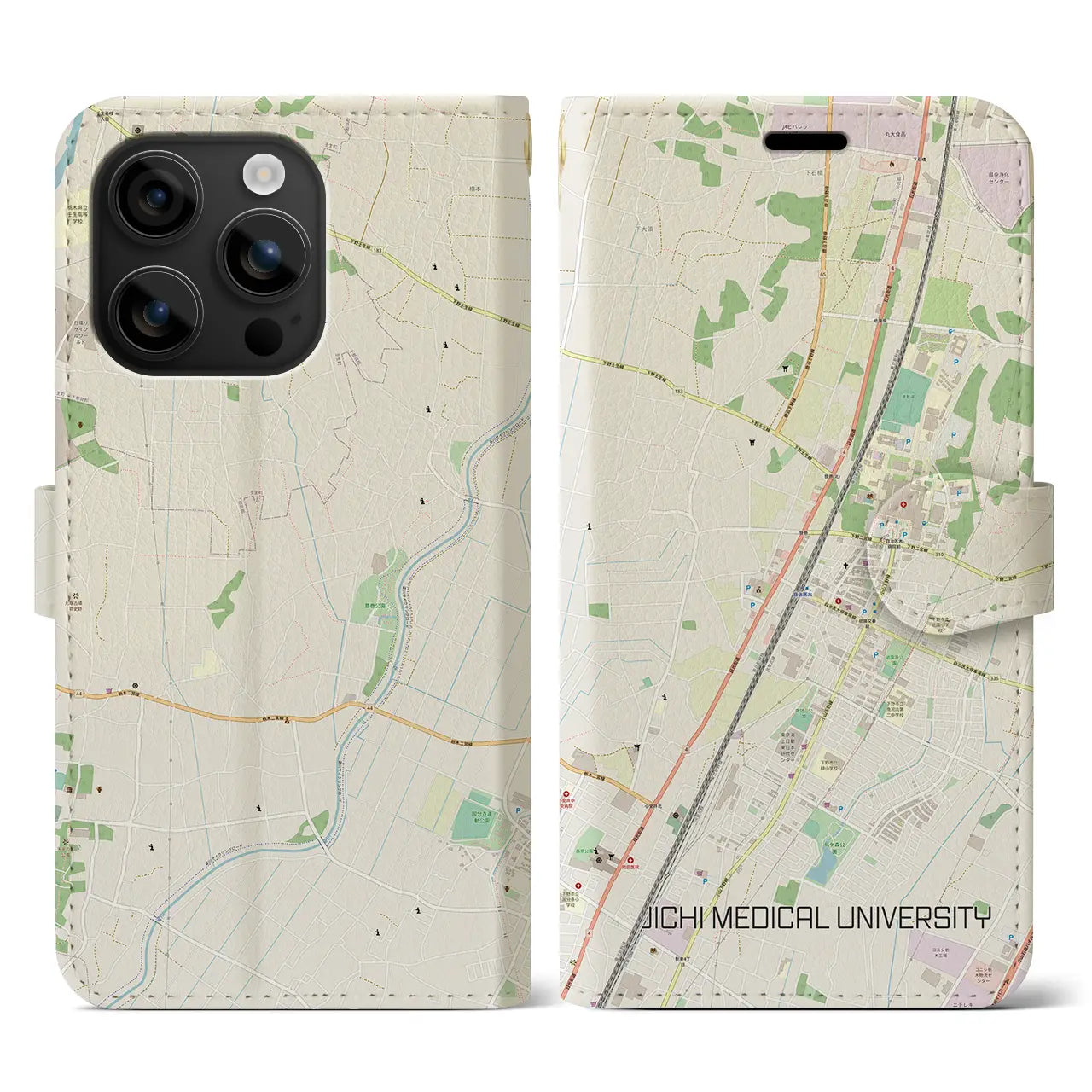 【自治医大(栃木県)】地図柄iPhoneケース(手帳タイプ)ナチュラル・iPhone 16 用