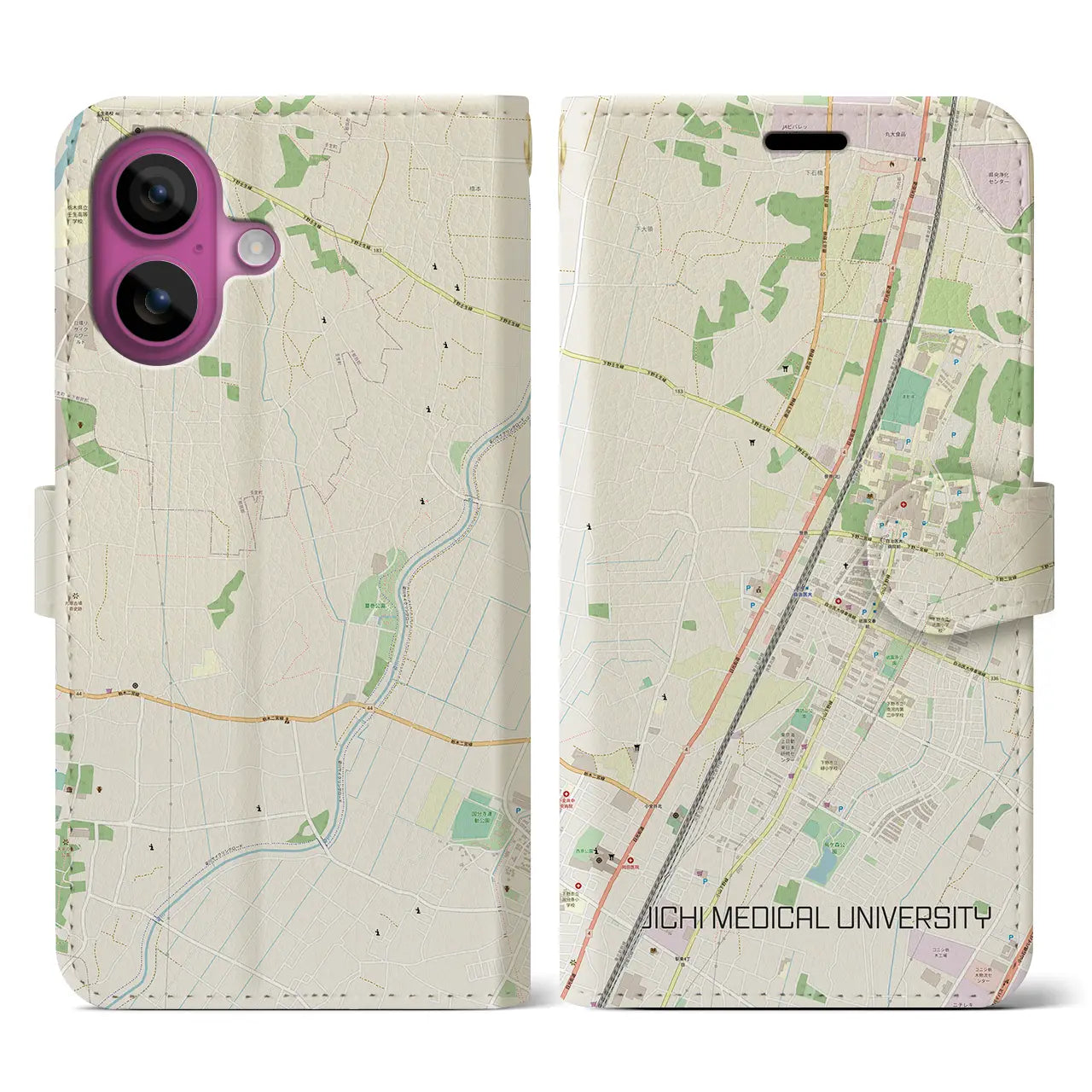 【自治医大(栃木県)】地図柄iPhoneケース(手帳タイプ)ナチュラル・iPhone 16 Pro 用