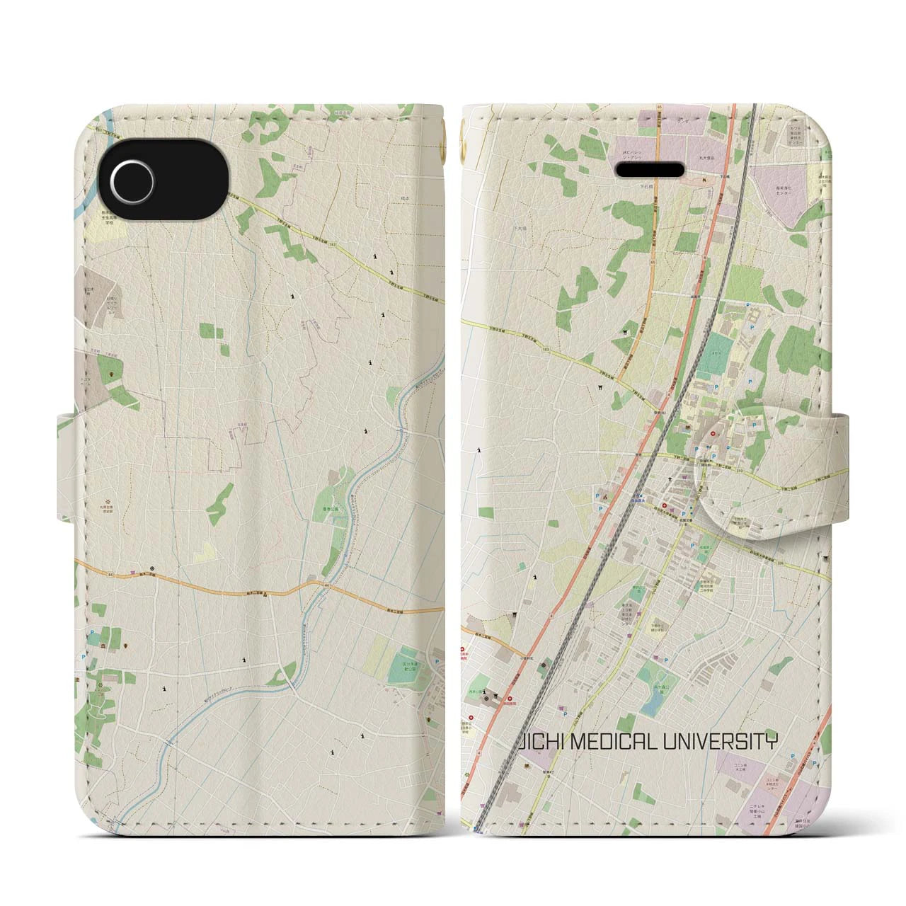 【自治医大(栃木県)】地図柄iPhoneケース(手帳タイプ)ナチュラル・iPhone SE(第3 / 第2世代) / 8 / 7 / 6s / 6 用