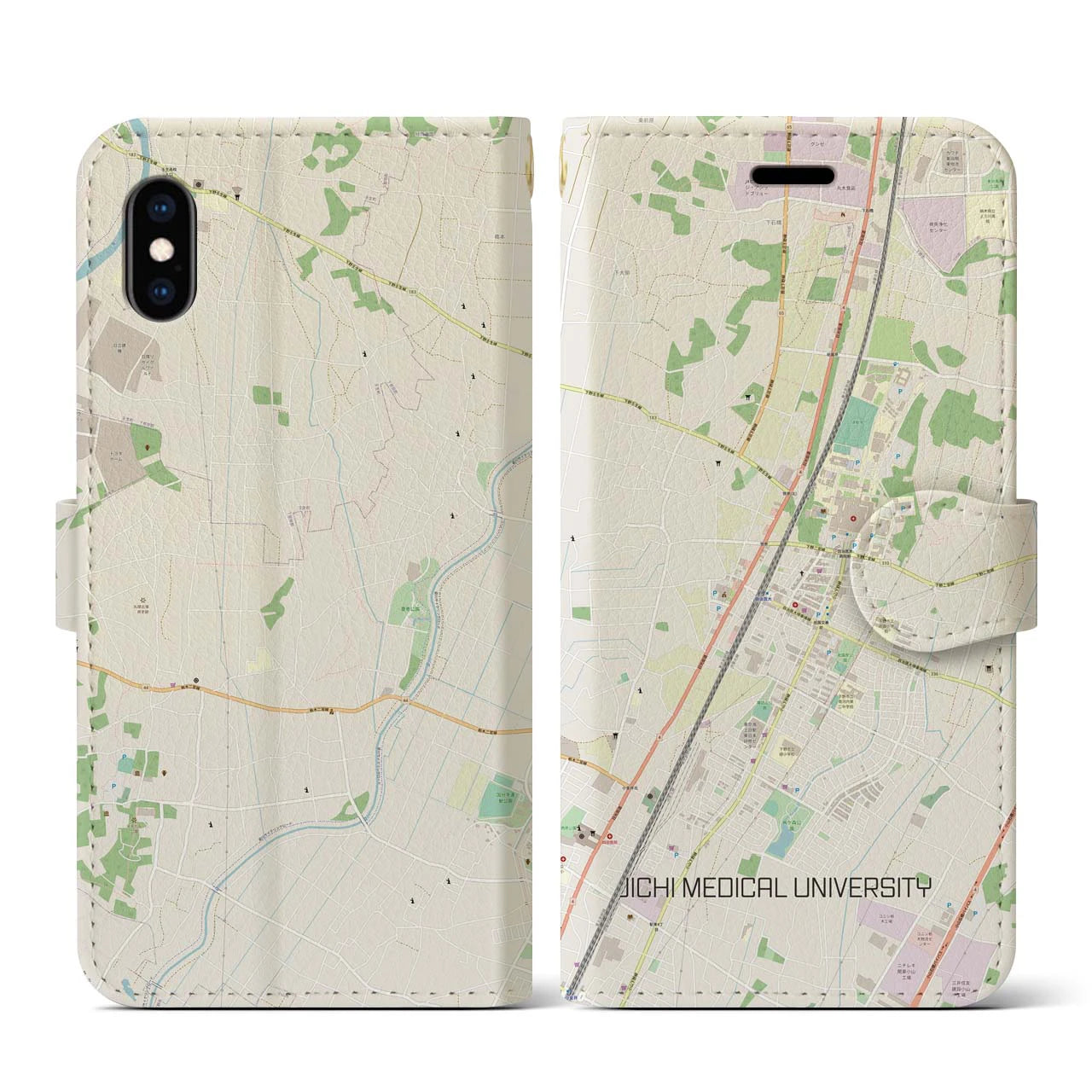 【自治医大(栃木県)】地図柄iPhoneケース(手帳タイプ)ナチュラル・iPhone XS / X 用