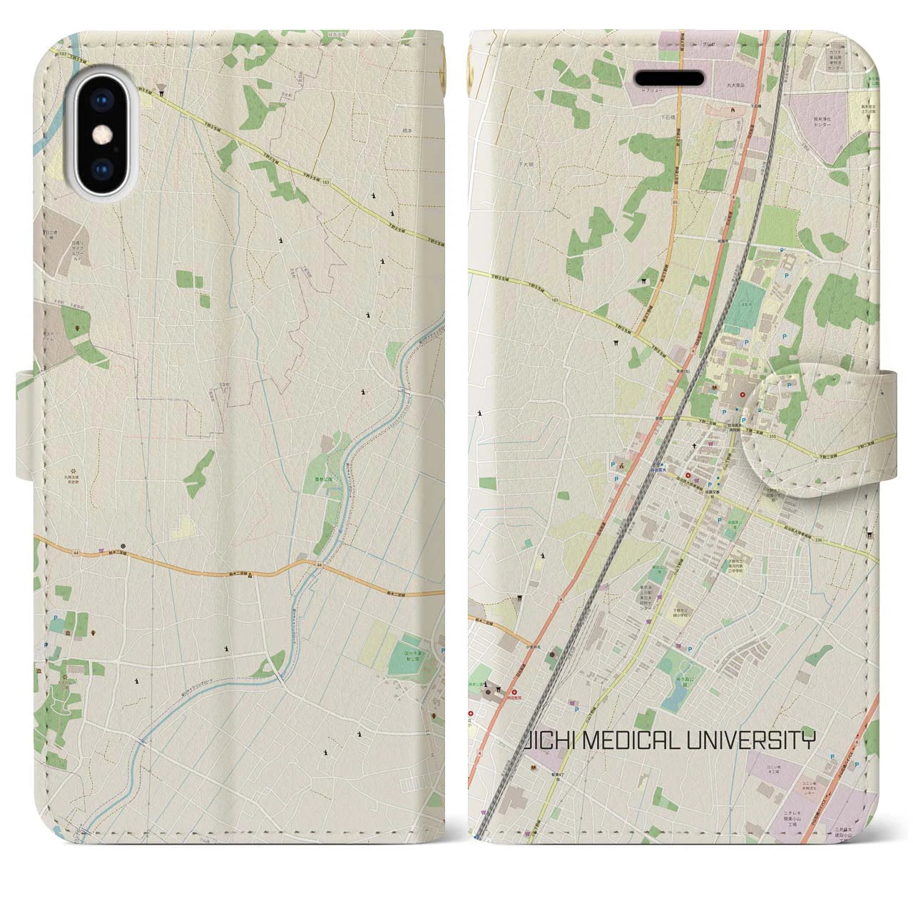 【自治医大(栃木県)】地図柄iPhoneケース(手帳タイプ)ナチュラル・iPhone XS Max 用