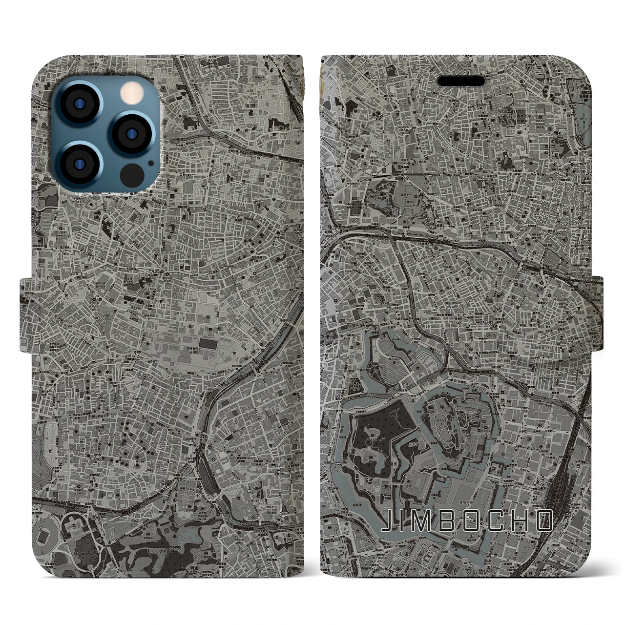 【神保町(東京都)】地図柄iPhoneケース(手帳タイプ)モノトーン・iPhone 12 / 12 Pro 用