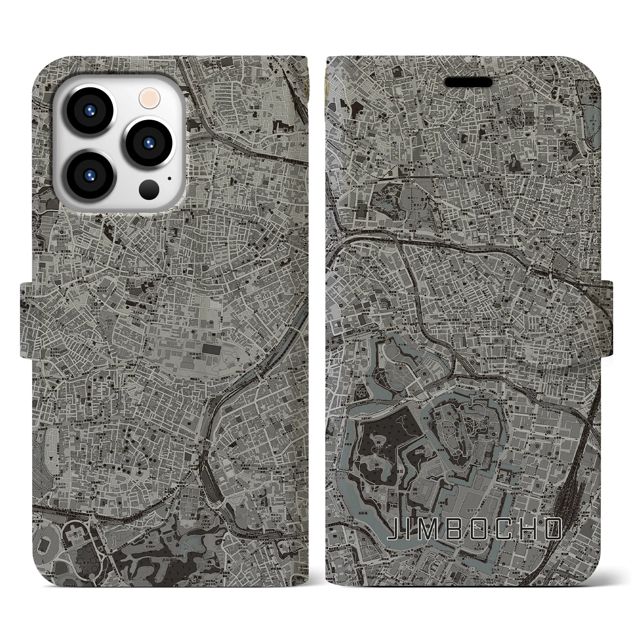 【神保町(東京都)】地図柄iPhoneケース(手帳タイプ)モノトーン・iPhone 13 Pro 用