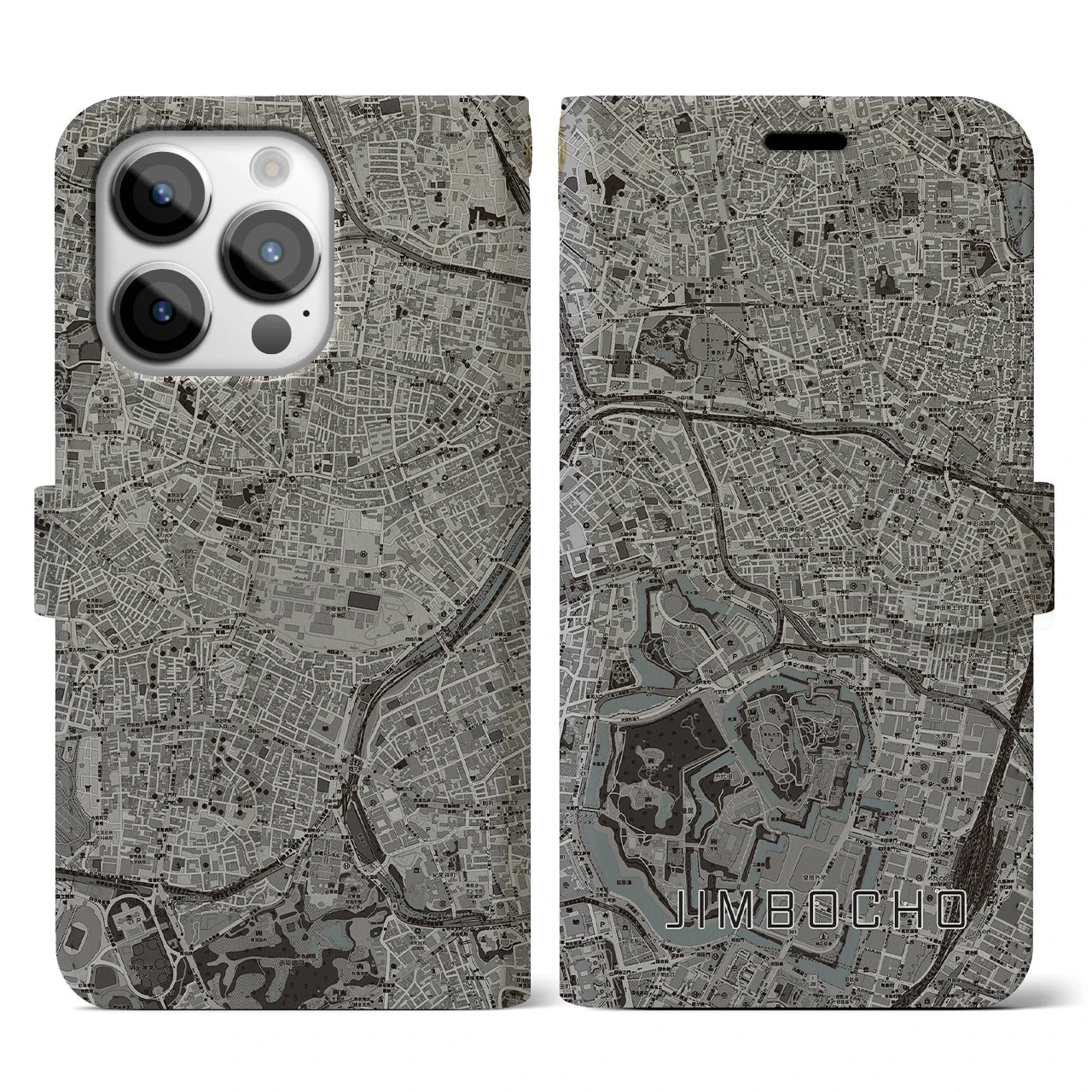 【神保町(東京都)】地図柄iPhoneケース(手帳タイプ)モノトーン・iPhone 14 Pro 用