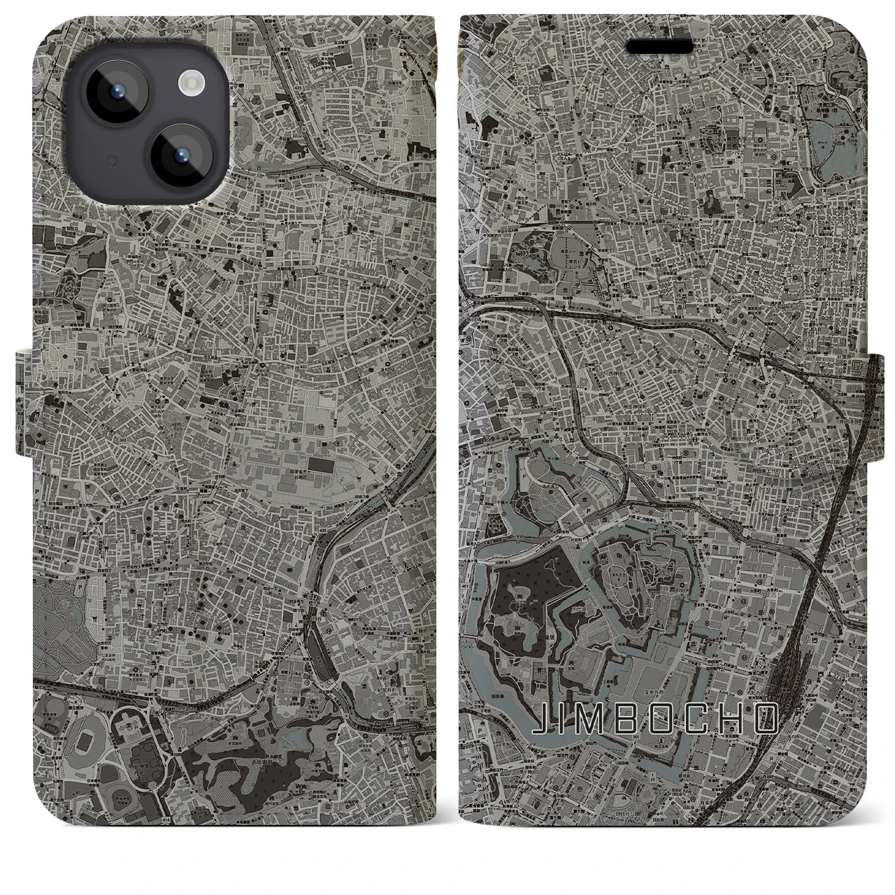 【神保町(東京都)】地図柄iPhoneケース(手帳タイプ)モノトーン・iPhone 14 Plus 用