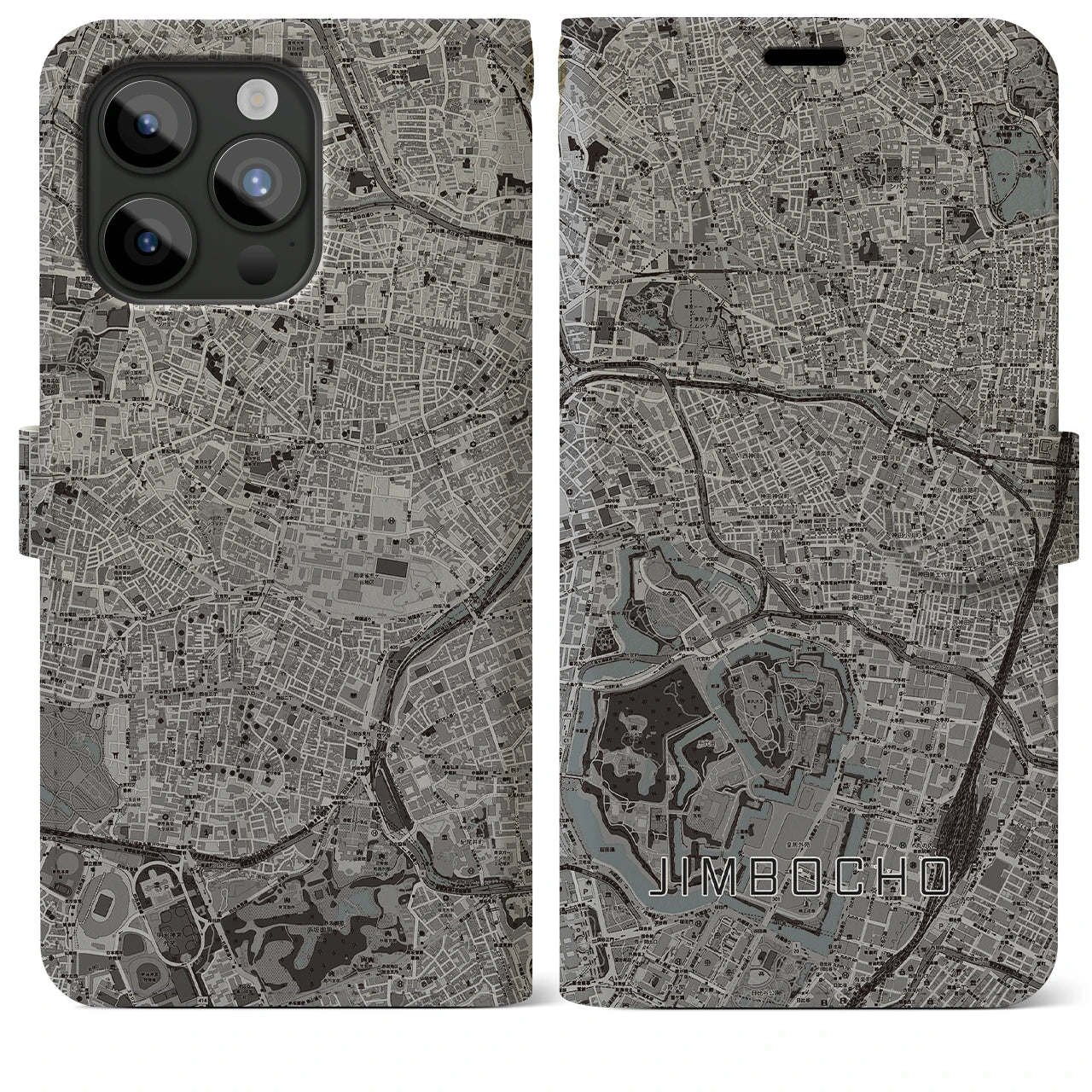 【神保町(東京都)】地図柄iPhoneケース(手帳タイプ)モノトーン・iPhone 15 Pro Max 用