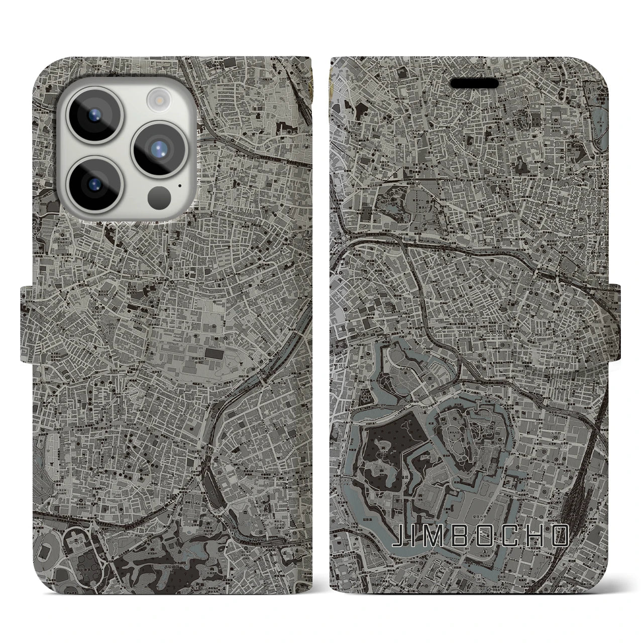 【神保町(東京都)】地図柄iPhoneケース(手帳タイプ)モノトーン・iPhone 15 Pro 用