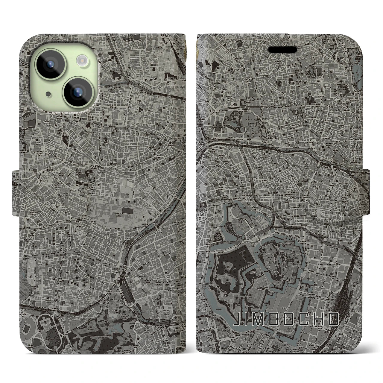 【神保町(東京都)】地図柄iPhoneケース(手帳タイプ)モノトーン・iPhone 15 用