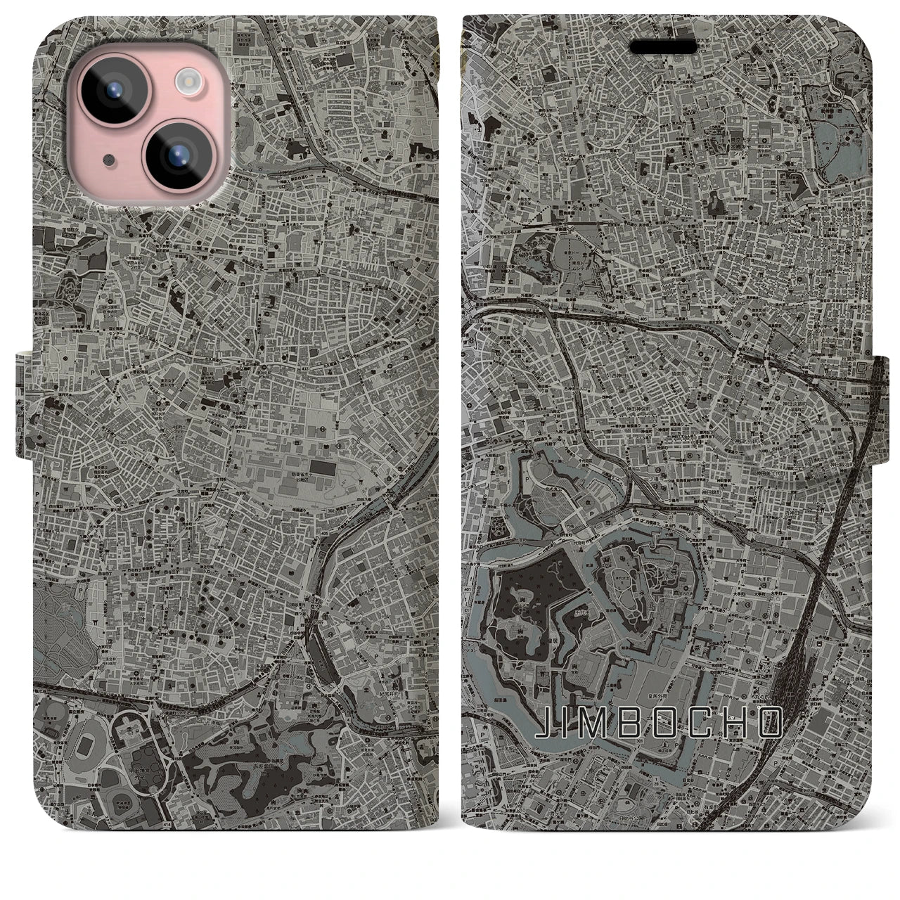 【神保町(東京都)】地図柄iPhoneケース(手帳タイプ)モノトーン・iPhone 15 Plus 用