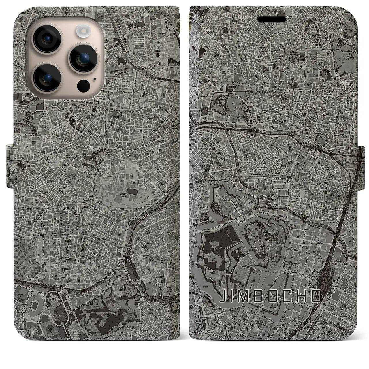 【神保町(東京都)】地図柄iPhoneケース(手帳タイプ)モノトーン・iPhone 16 Plus 用