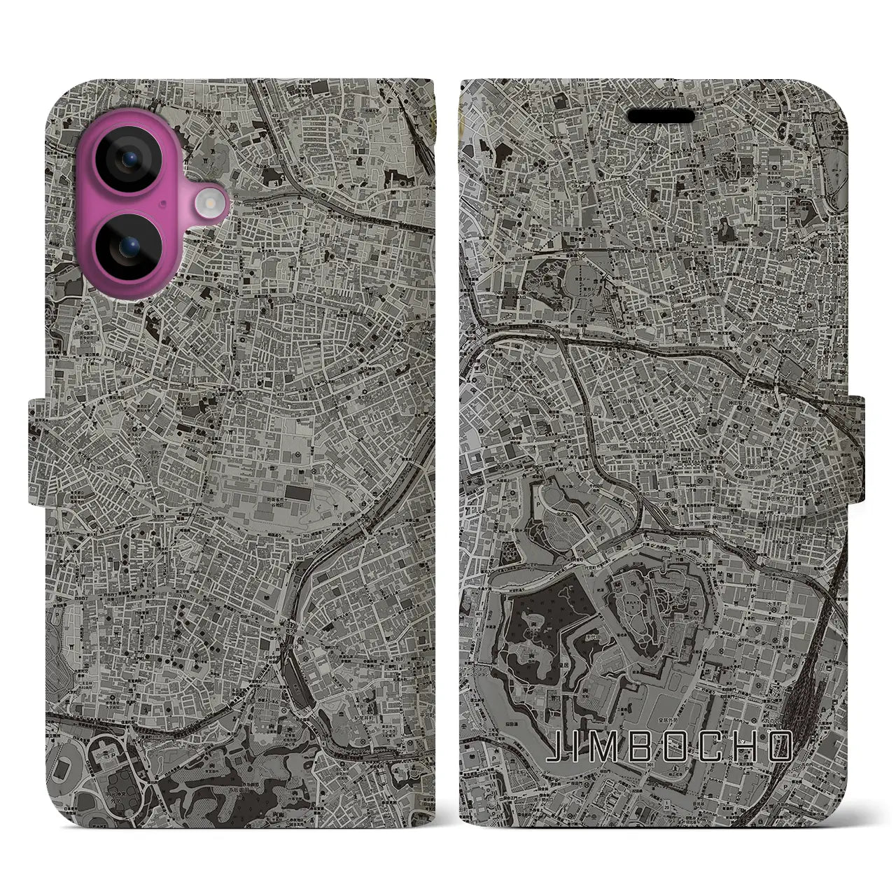 【神保町(東京都)】地図柄iPhoneケース(手帳タイプ)モノトーン・iPhone 16 Pro 用