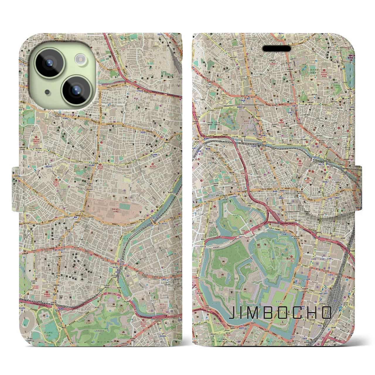 【神保町(東京都)】地図柄iPhoneケース(手帳タイプ)ナチュラル・iPhone 15 用