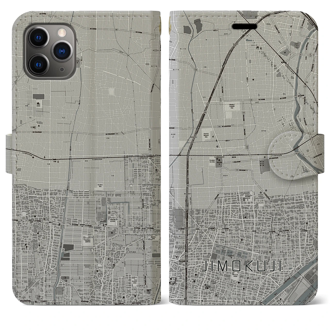 【甚目寺(愛知県)】地図柄iPhoneケース(手帳タイプ)モノトーン・iPhone 11 Pro Max 用