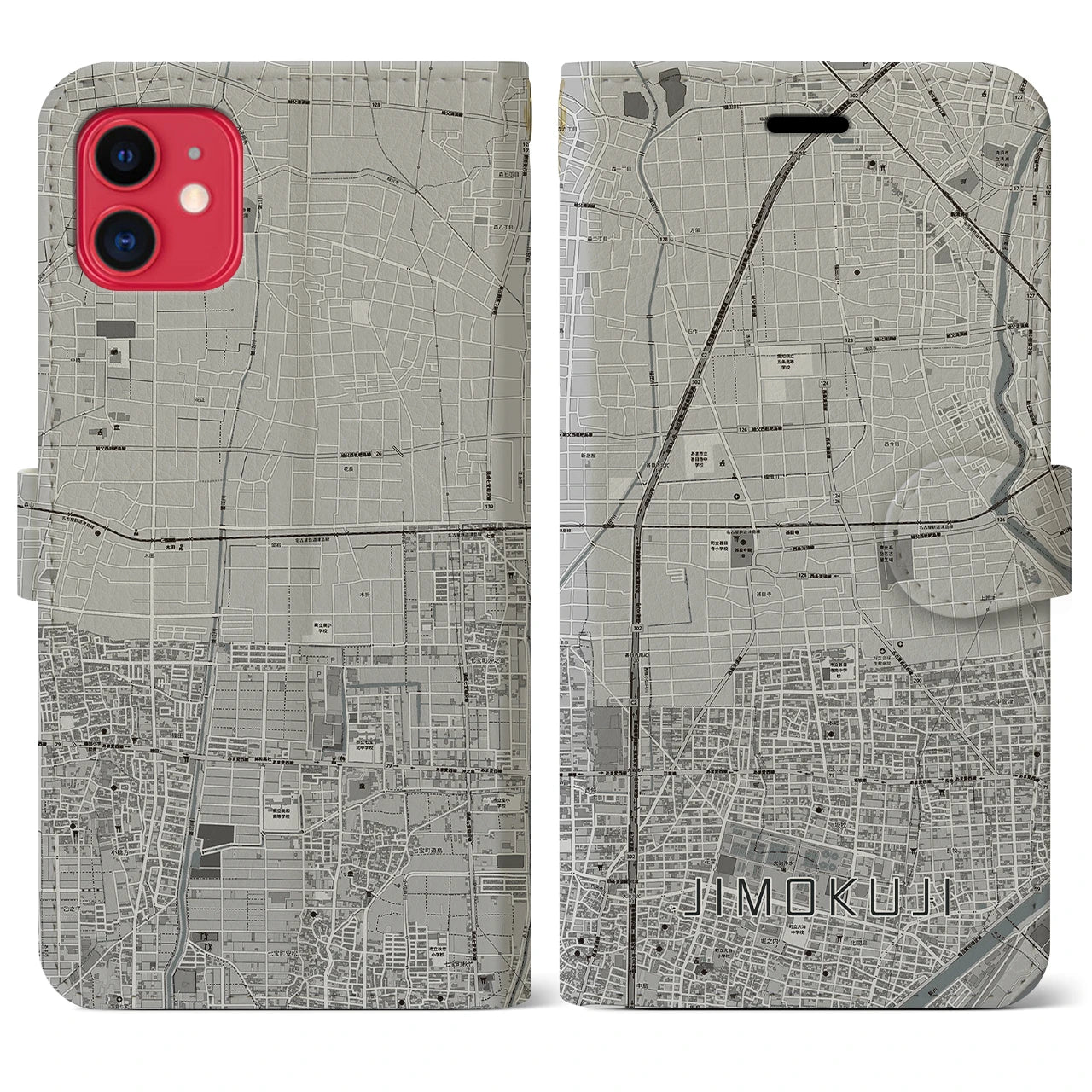 【甚目寺(愛知県)】地図柄iPhoneケース(手帳タイプ)モノトーン・iPhone 11 用