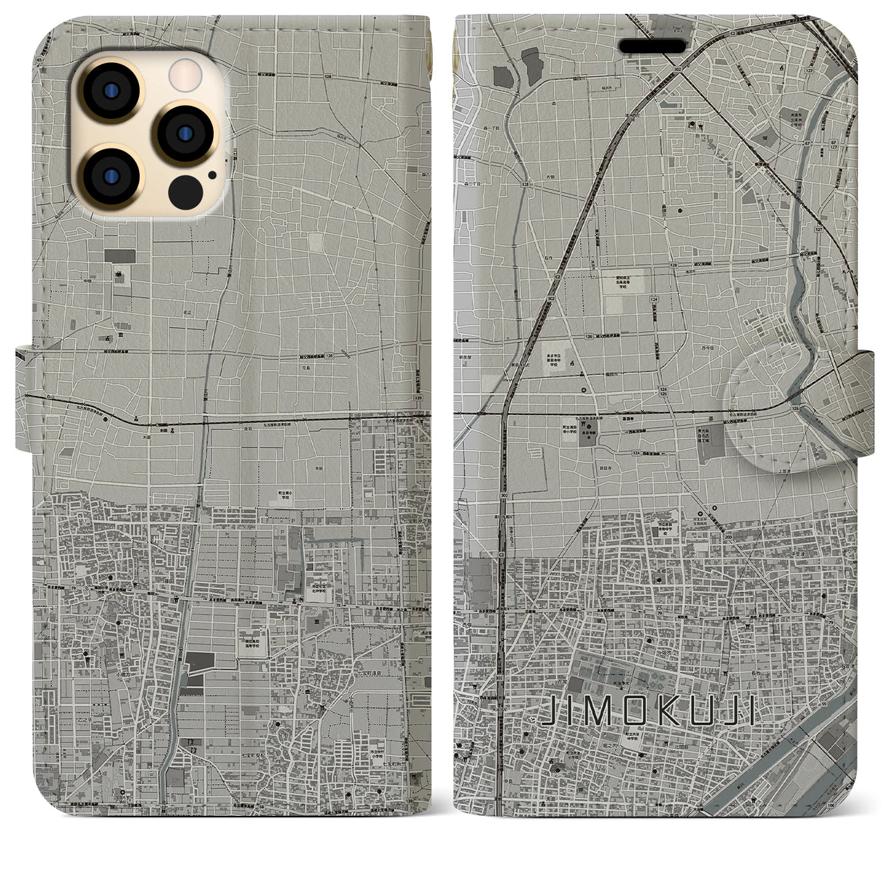【甚目寺(愛知県)】地図柄iPhoneケース(手帳タイプ)モノトーン・iPhone 12 Pro Max 用