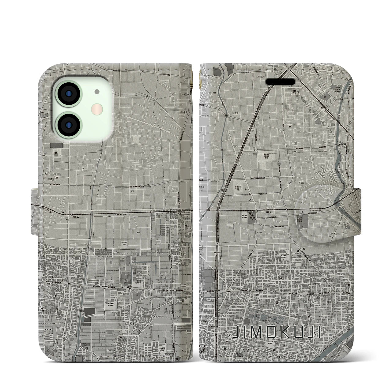 【甚目寺(愛知県)】地図柄iPhoneケース(手帳タイプ)モノトーン・iPhone 12 mini 用