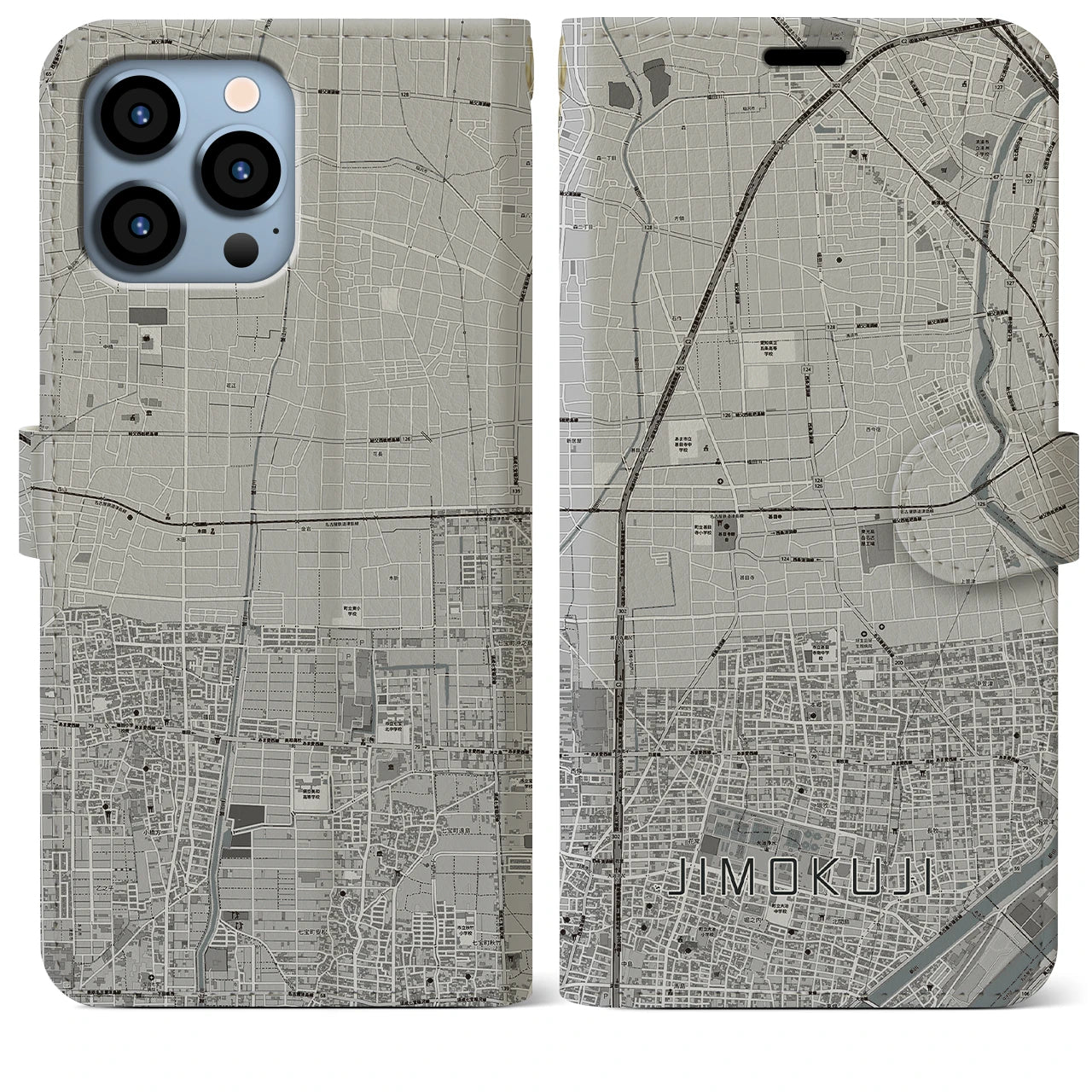 【甚目寺(愛知県)】地図柄iPhoneケース(手帳タイプ)モノトーン・iPhone 13 Pro Max 用