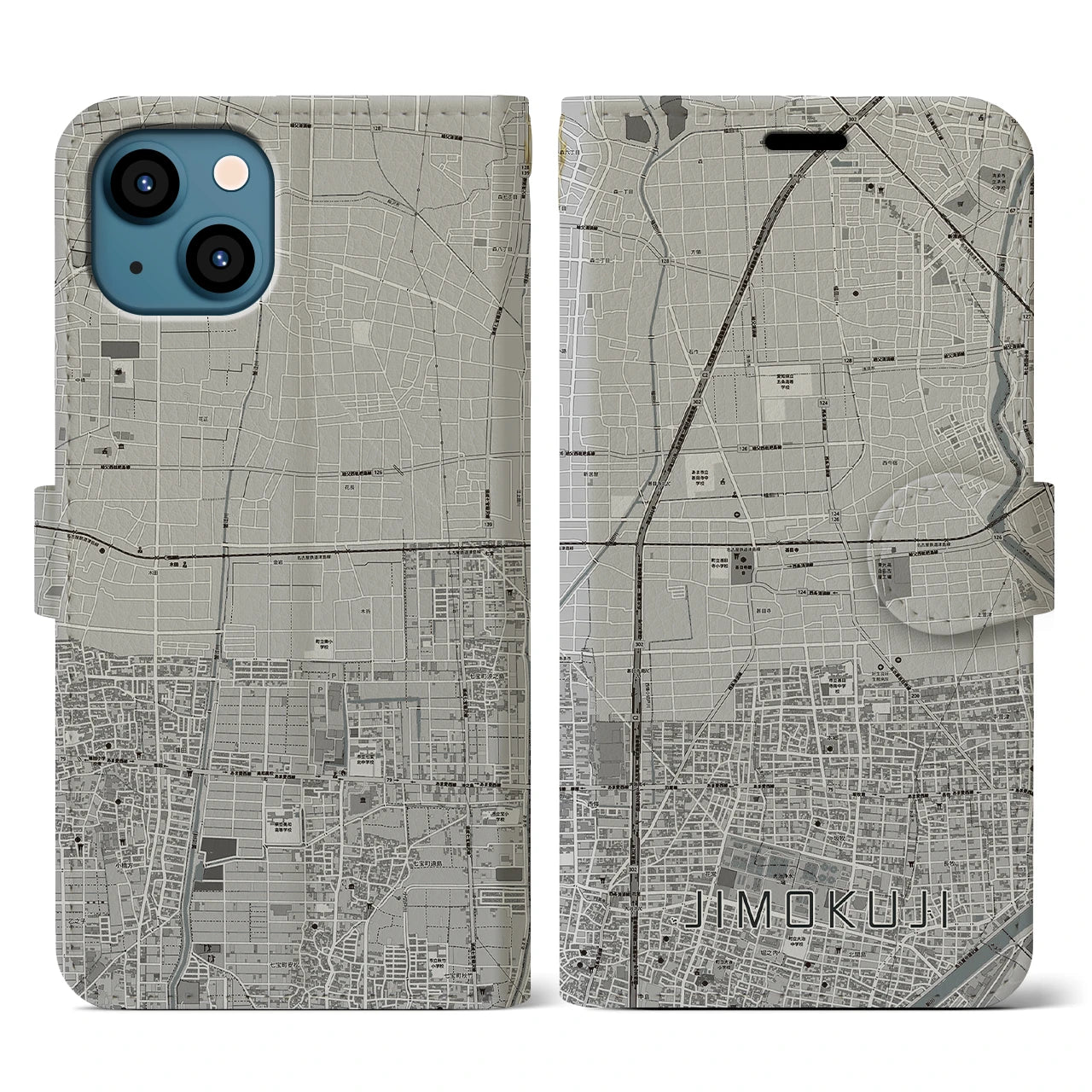 【甚目寺(愛知県)】地図柄iPhoneケース(手帳タイプ)モノトーン・iPhone 13 用