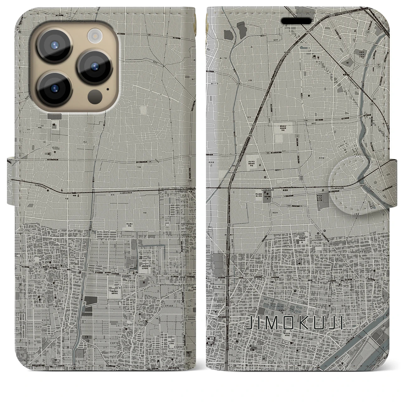 【甚目寺(愛知県)】地図柄iPhoneケース(手帳タイプ)モノトーン・iPhone 14 Pro Max 用