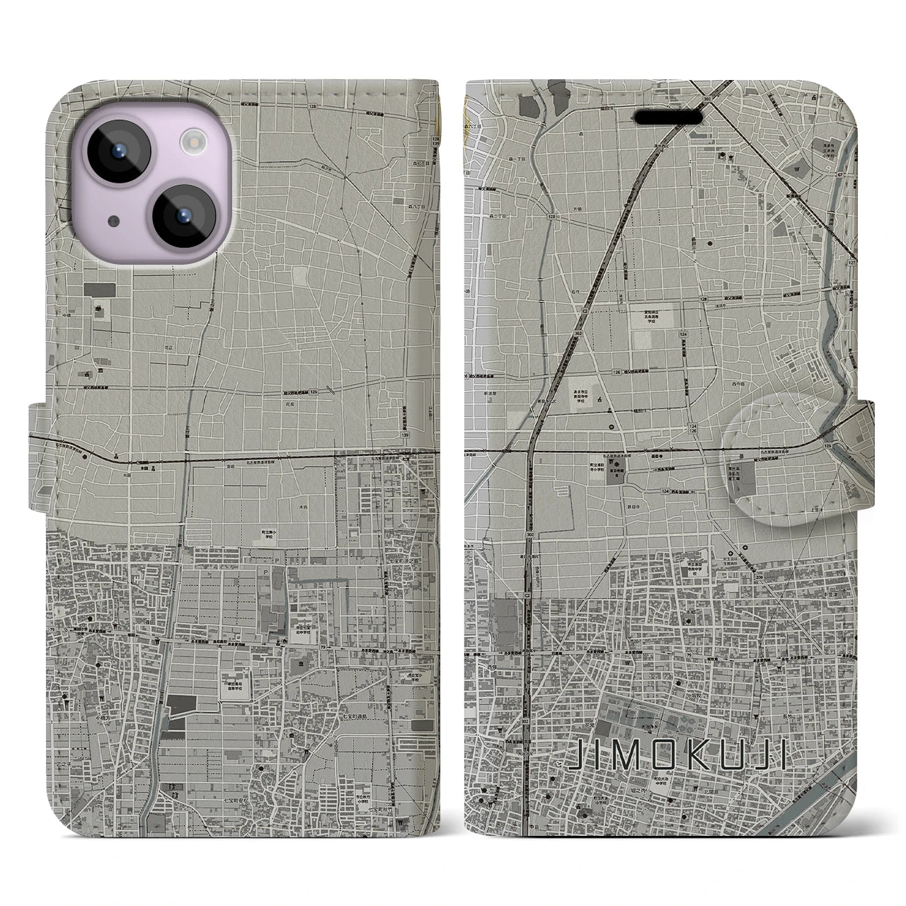 【甚目寺(愛知県)】地図柄iPhoneケース(手帳タイプ)モノトーン・iPhone 14 用