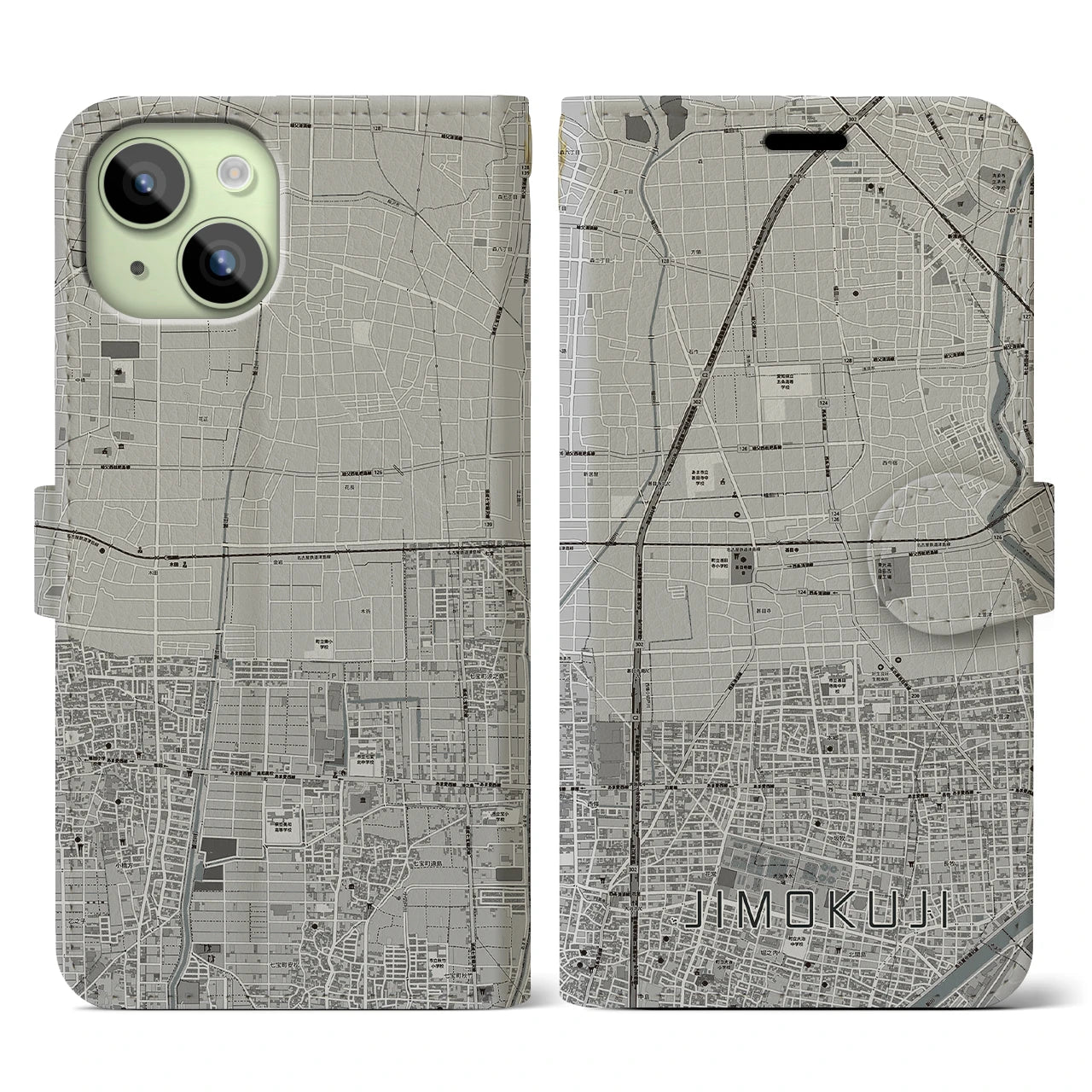 【甚目寺(愛知県)】地図柄iPhoneケース(手帳タイプ)モノトーン・iPhone 15 用