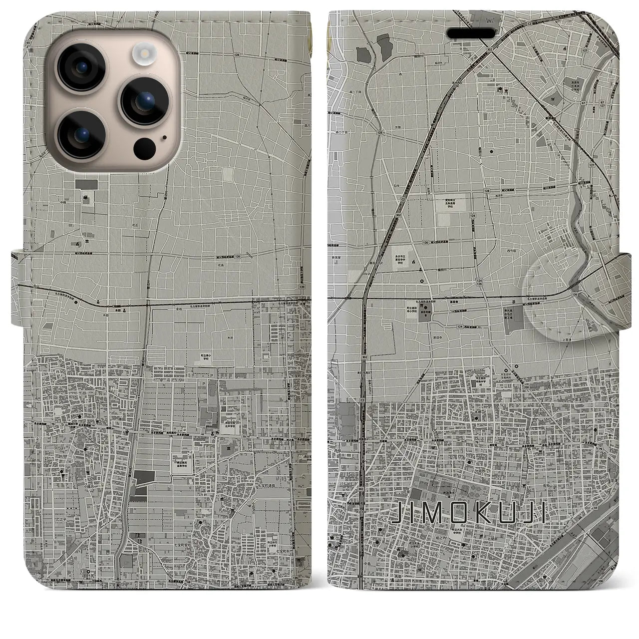 【甚目寺(愛知県)】地図柄iPhoneケース(手帳タイプ)モノトーン・iPhone 16 Plus 用